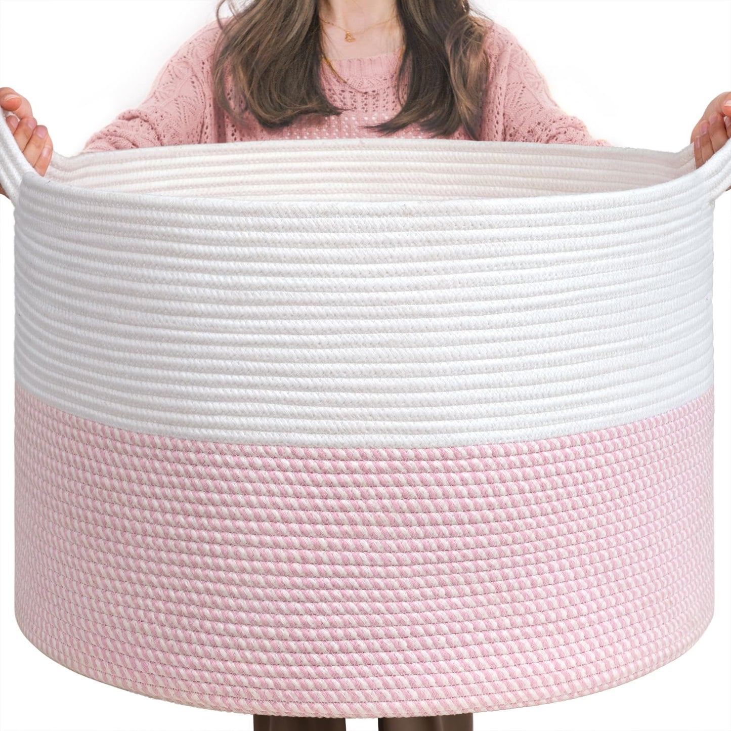 INDRESSME XXXLarge Cotton Rope Basket 21.7" x 21.7" x 13.8" Woven Baby Laundry Blanket Basket Toy Baskets with Handle Storage Comforter Cushions Thread Laundry Hamper