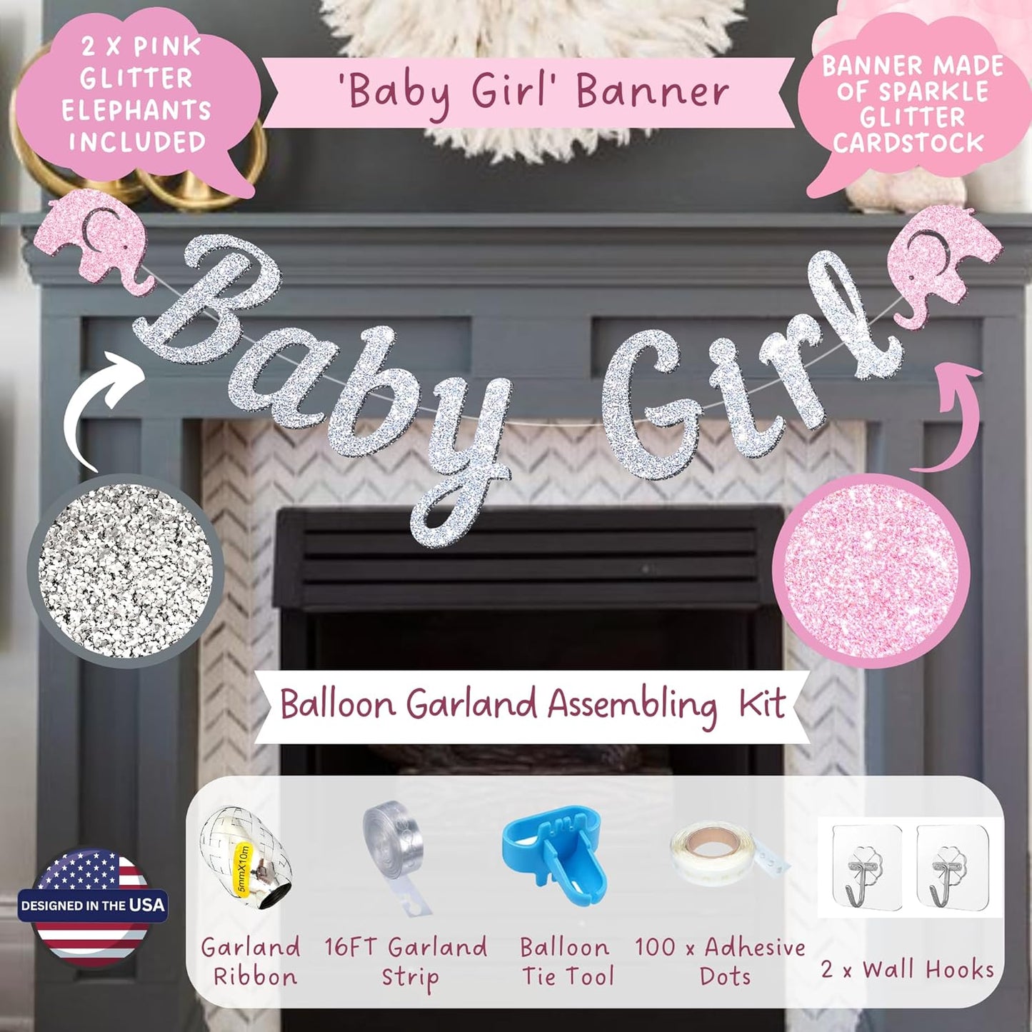 165 pc Baby Shower Decorations for Girl, Birthday Girl, Balloon Garland Arch, Banner and Balloons Boxes, Elephant Baby Shower and Birthday Decorations