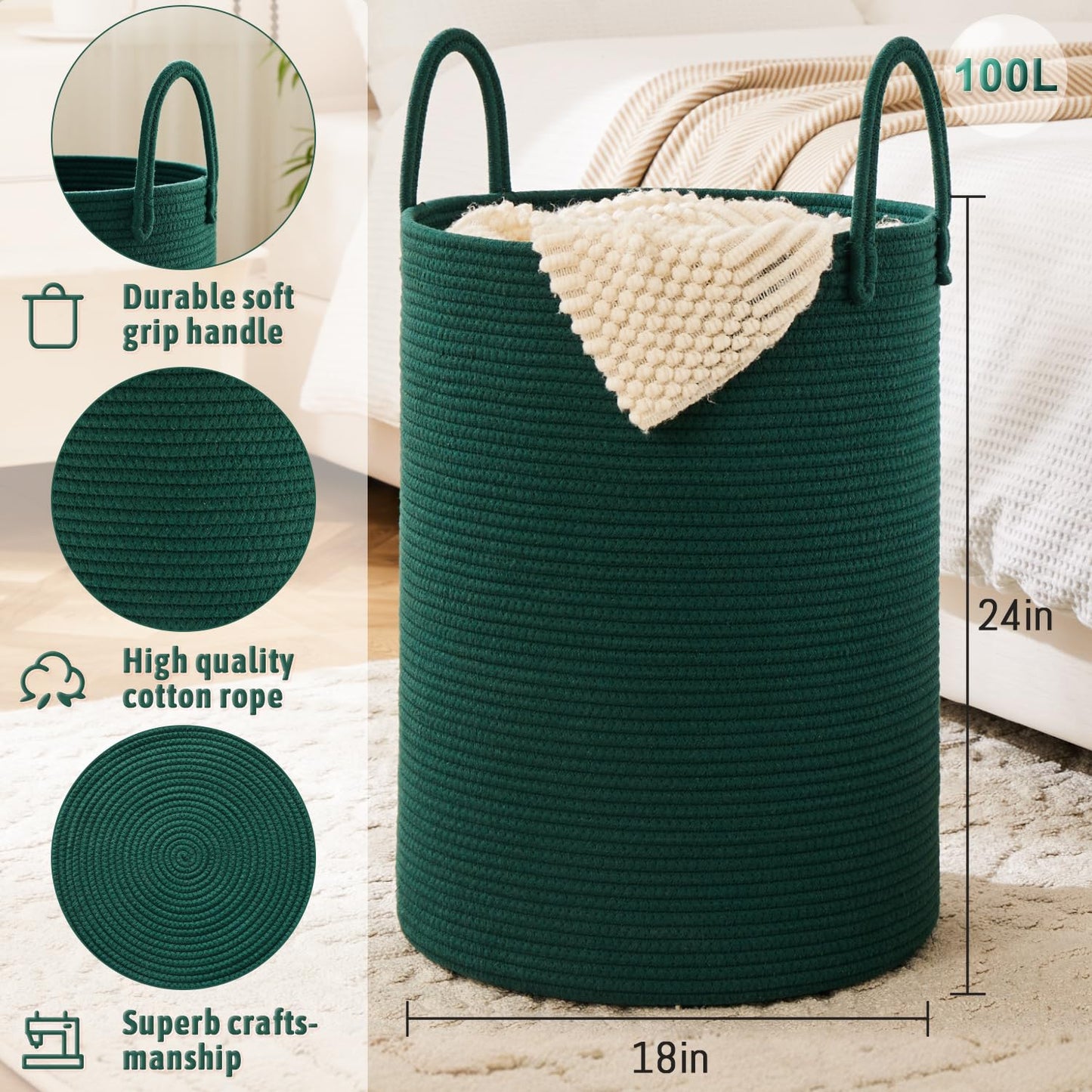Laundry Basket,Woven Cotton Rope Laundry Hamper,60L for Decor Storage of Dirty Clothes,Toys and Blankets in Bathroom,Baby Room and Living Room