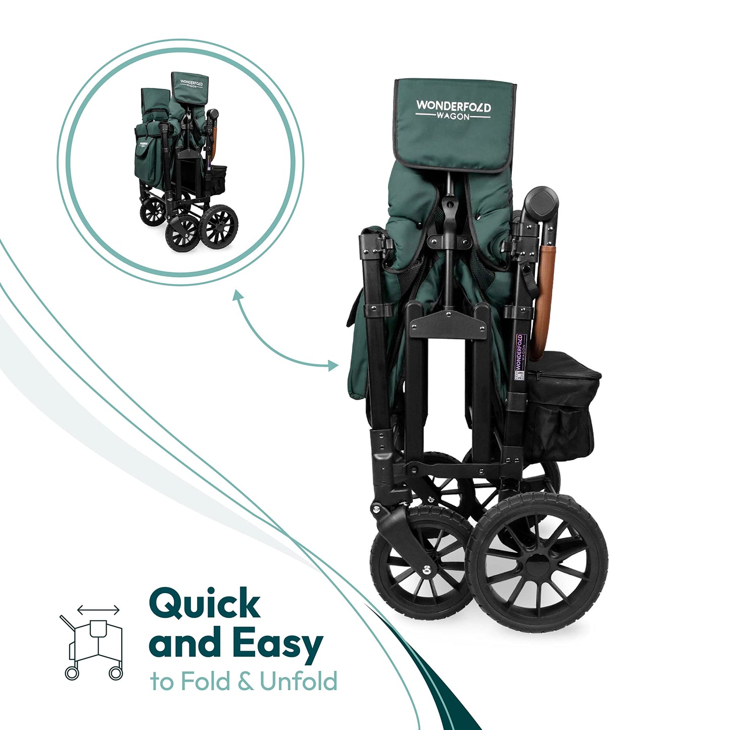 WONDERFOLD W4 Luxe Quad Stroller Wagon Featuring 4 High Face-to-Face Seats with Magnetic Buckle 5-Point Harnesses and Adjustable/Removable UV-Protection Canopy, Hunter Green