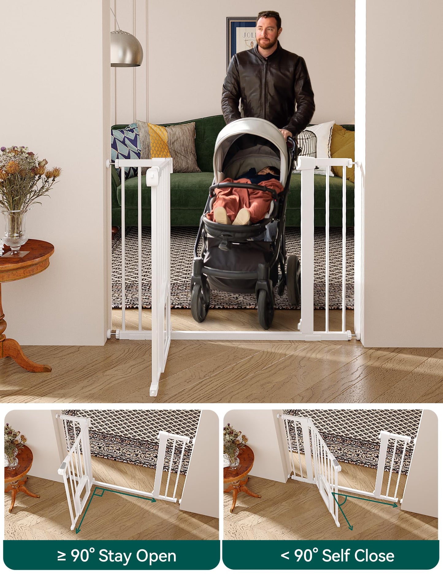 Babelio Upgraded Baby Gate with Cat Door, 29-43" Auto Close Durable Dog Gate for Stairs, Doorways and House, Easy Walk Thru Safety Gate with Pet Door Includes 4 Wall Cups, Black