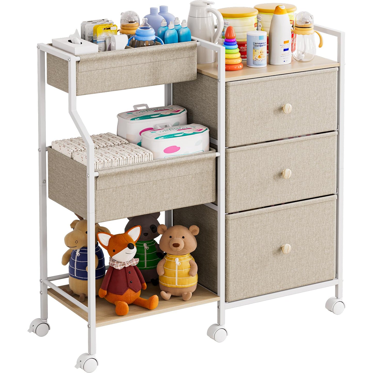 Baby Diaper Caddy Organizer and Storage - 3 Tier Rolling Cart with Dividers and Drawers, Easy To Assemble, Mobile Utility Cart with Wheels for Nursery, Bedroom, Changing Table & Crib