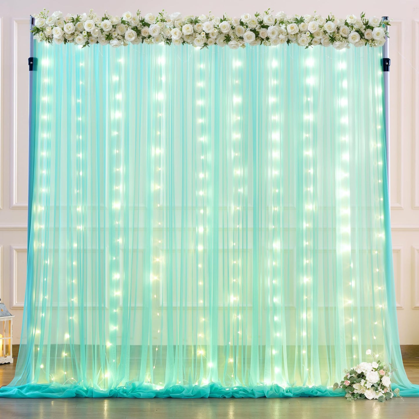 White Tulle Backdrop Curtain with Lights String for Parites 10×8ft Sheer Backdrop Curtains White Curtain Backdrop for Wedding Baby Shower Birthday Party Photo Shoot Decorations(2 Panels 10ft×8ft)