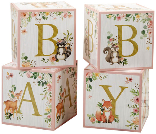 Kate Aspen Woodland Baby Shower Boxes with Letters for Baby Shower Gender Reveal Decorations Photo Prop & Forest Animal Nursery Decor (Set of 4 Blocks Spells Baby)