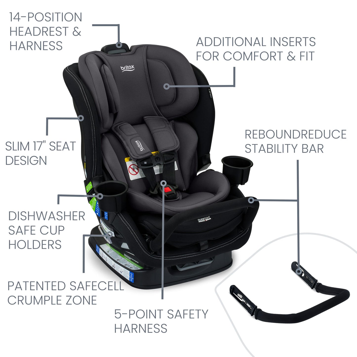 Britax Poplar S Convertible Car Seat, 2-in-1 Car Seat with Slim 17-Inch Design, ClickTight Technology, Arctic Onyx