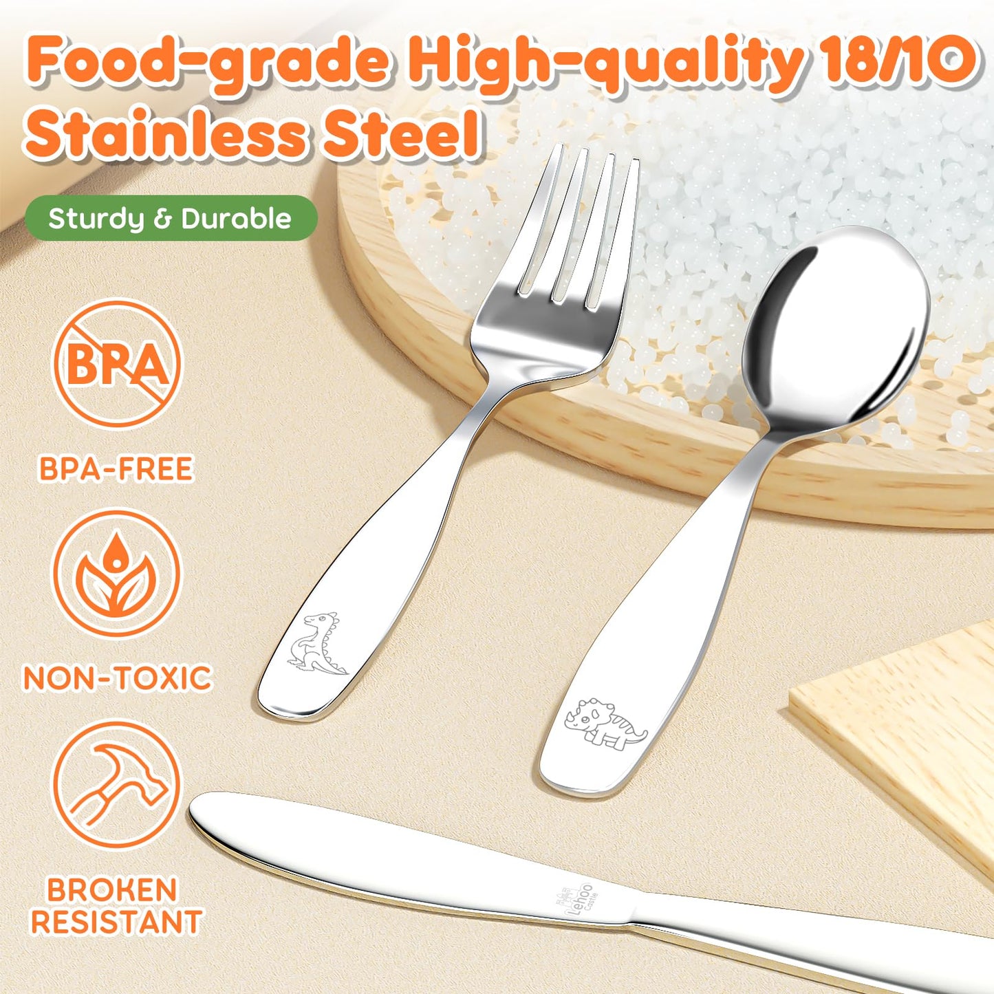 Lehoo Castle Kids Silverware Stainless Steel 6 Piece - Toddler Spoons and Forks Knife Set, Metal Kids Cutlery Set, Toddler Utensils Self Feeding (Dinosaur World)