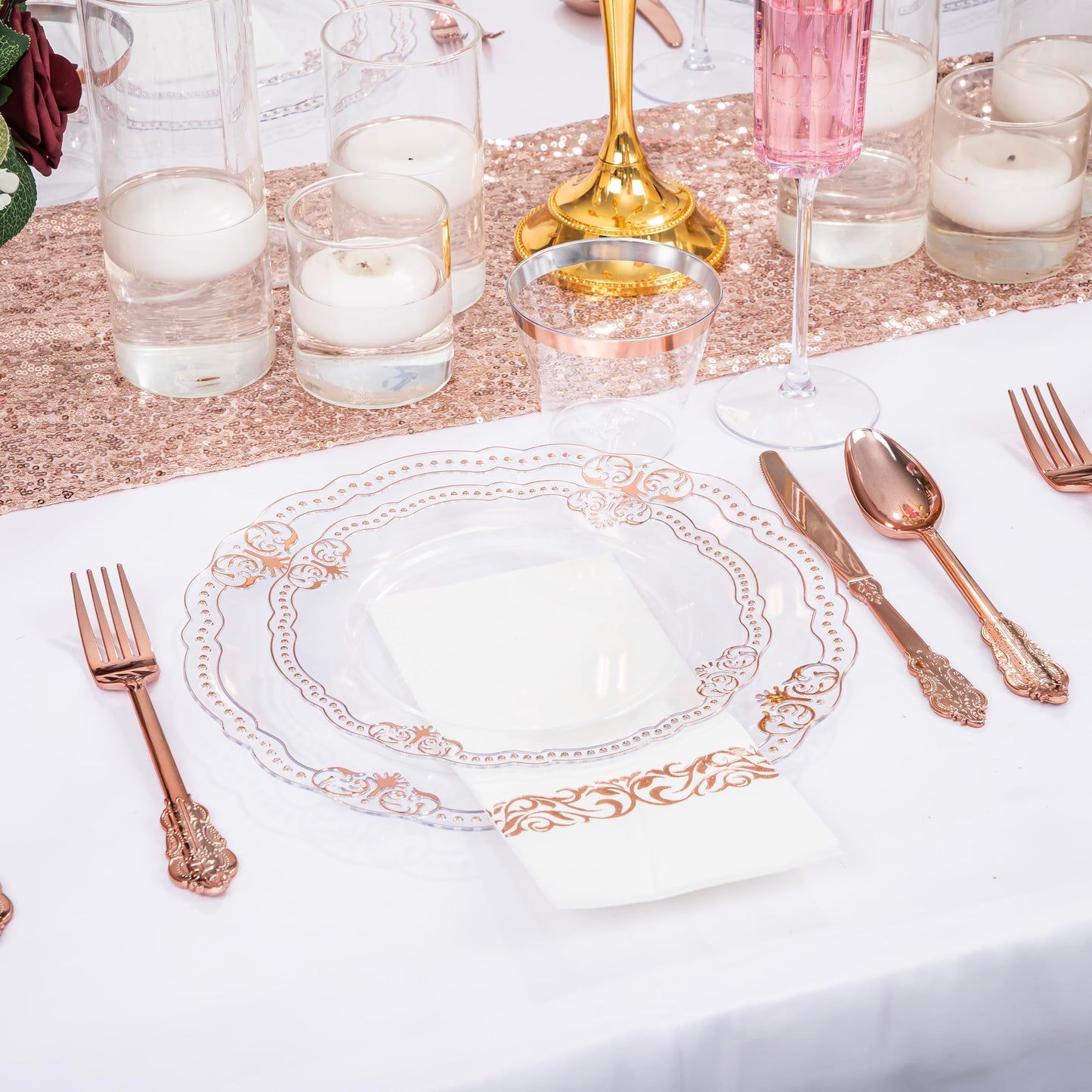 Ciaell 175 PCS White and Gold Plastic Plates - Fancy Gold Disposable Dinnerware Set with of 25 Dinner Plates, 25 Salad Plates, 25 Knives, 25 Forks, 25 Spoons, 25 Cups, 25 Napkins for Weddings Party