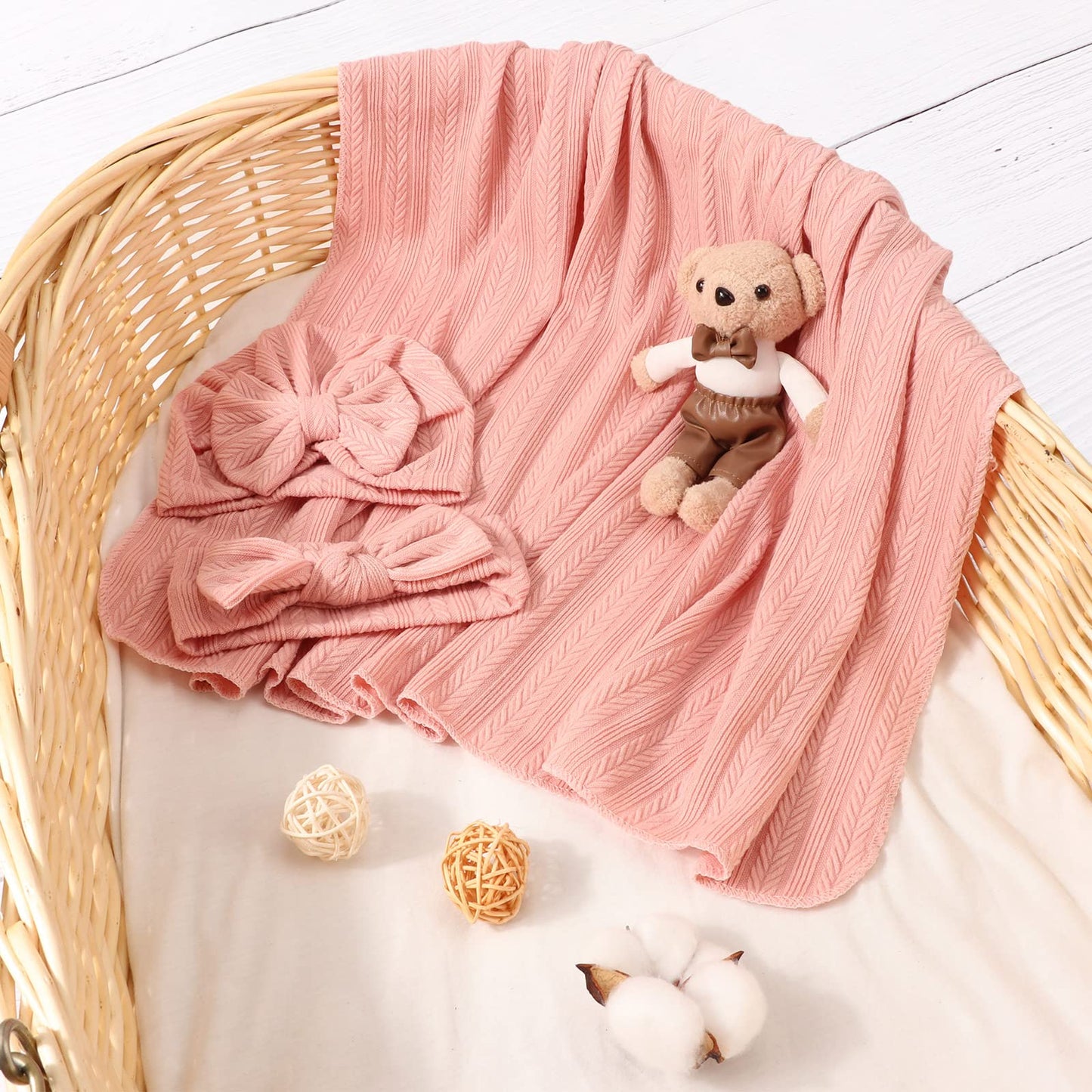 DRESHOW BQUBO Baby Swaddle Blankets for Girls, 4PCS Newborn Accessories Set with Matching Hat and Bow Headband with Card
