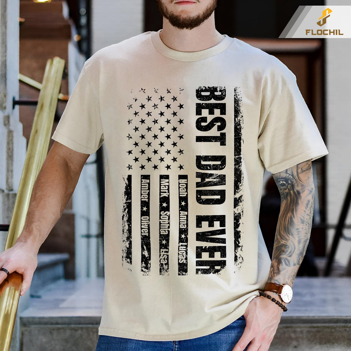 FLOCHIL Personalized Dad Shirt for Men, Custom With Kids Names, Fathers Day T Shirt, Gifts