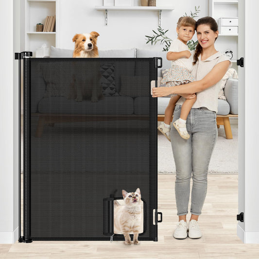 48 Inch Extra Tall Pet Gate Retractable Baby Gate with Cat Door - No Jumping Over, 55" Wide Retractable Dog Gate Indoor 4ft Extra Tall Cat Gate for Doorway Outdoor Deck Gate, White