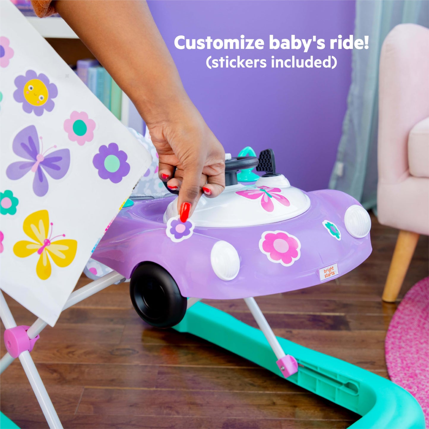 Bright Starts JuneBerry Walk-A-Bout Baby Walker and Entertainer, Removeable Floor Toy, with Easy Fold Frame for Storage, Ages 6 Months +