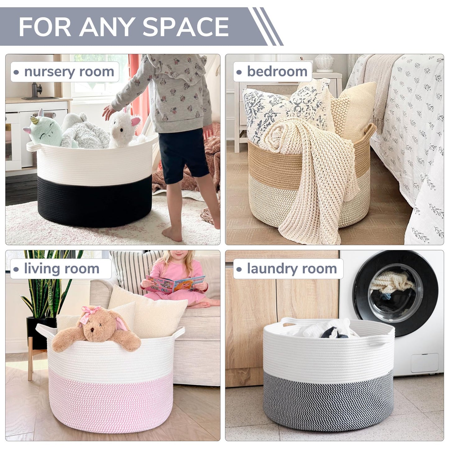 INDRESSME XXXLarge Cotton Rope Basket 21.7" x 21.7" x 13.8" Woven Baby Laundry Blanket Basket Toy Baskets with Handle Storage Comforter Cushions Thread Laundry Hamper