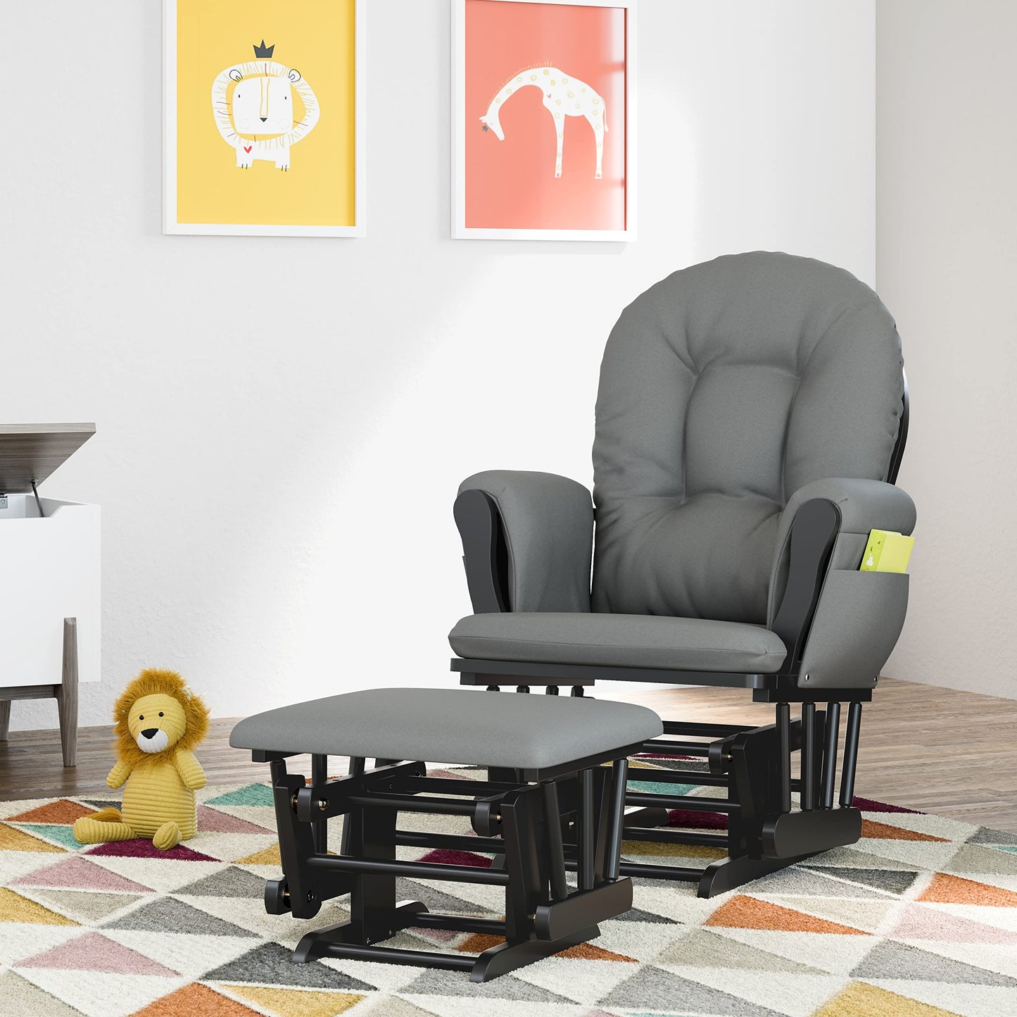 Storkcraft Premium Hoop Glider and Ottoman (Espresso Base, Gray Cushion) – Padded Cushions with Storage Pocket, Smooth Rocking Motion, Easy to Assemble, Solid Hardwood Base