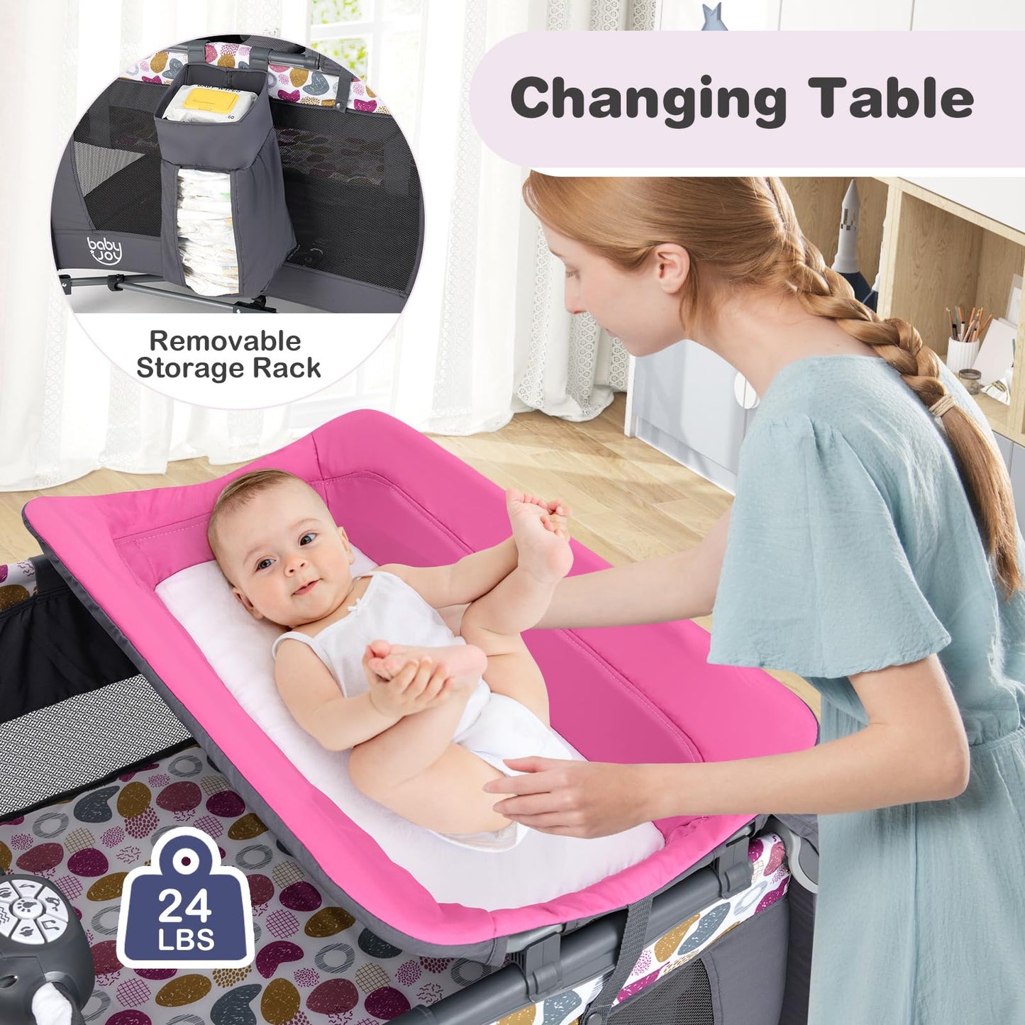 BABY JOY 5 in 1 Pack and Play, Portable Baby Playard w/Bassinet & Diaper Changing Table, Infant Pink Bassinet Crib with Toys & Music & Oxford Bag for Baby Girl Toddlers (Pink + Purple, Starry Sky)
