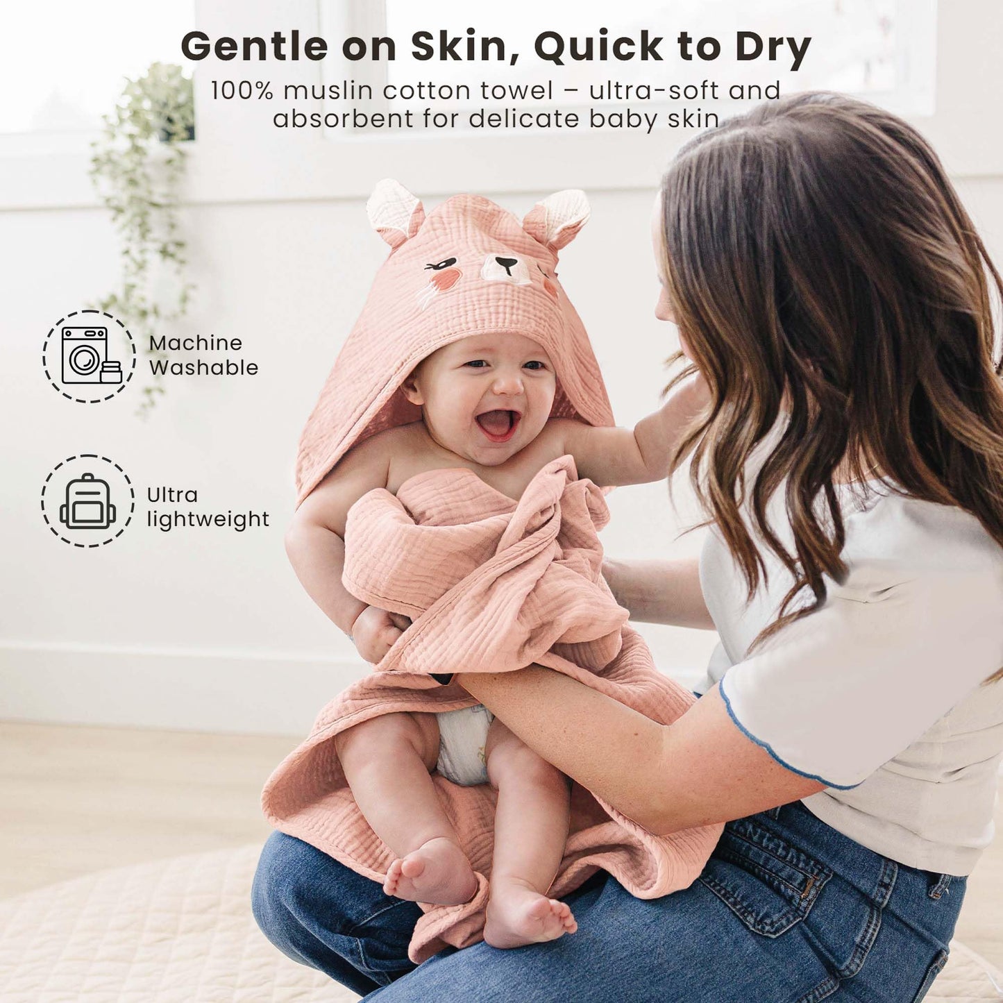 Konssy 2-Pack Muslin Baby Hooded Towels, Soft Cotton and Absorbent Baby Bath Towels for Newborn, Infant & Toddler with Animal Hooded Design (Bunny & Deer)