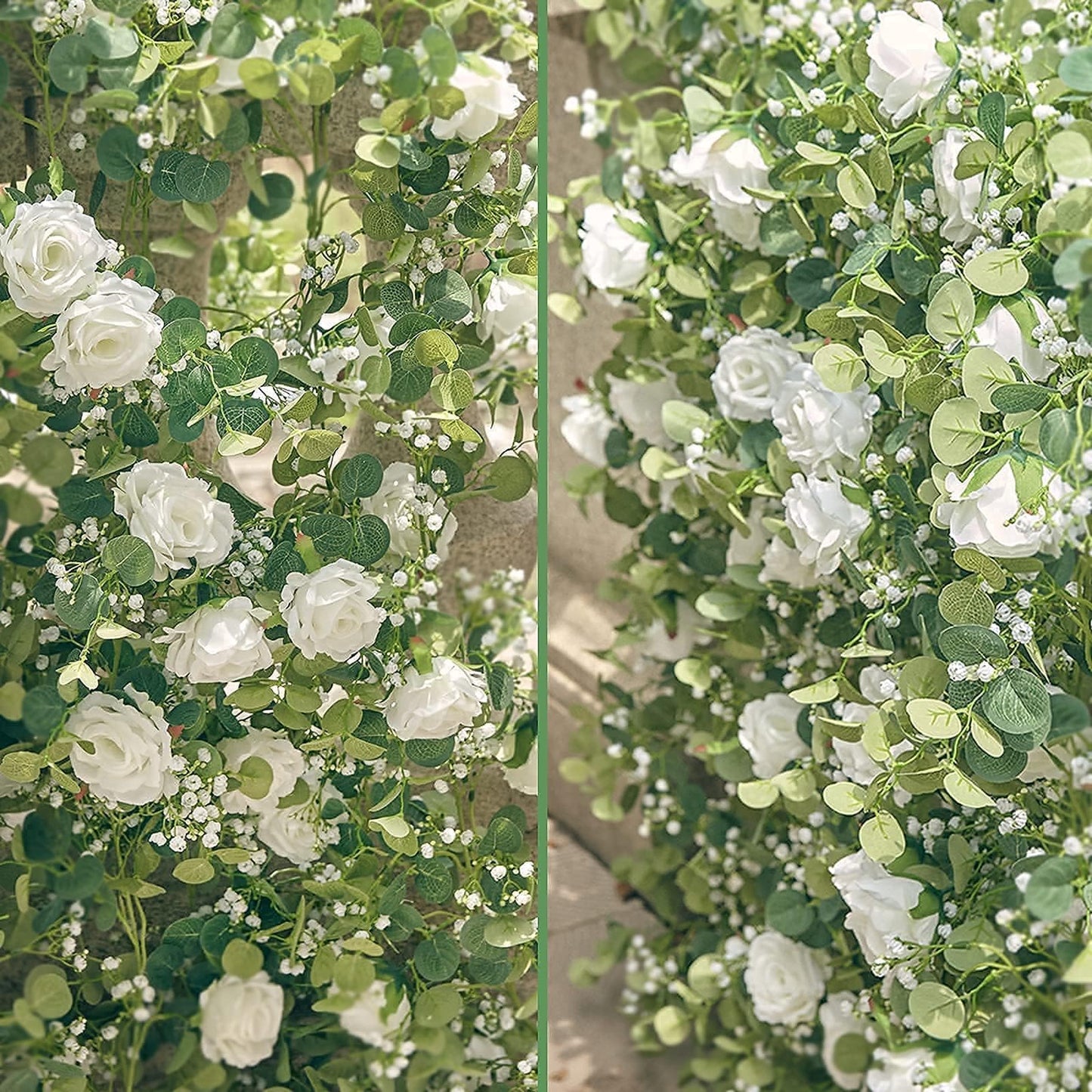 Anna's Whimsy 5.91FT Artificial Eucalyptus Garland with Flowers, Fake Flower Rose Gypsophila, Faux Floral Greenery Garland for Wedding Spring Home Party Craft Art Table Runner Decor