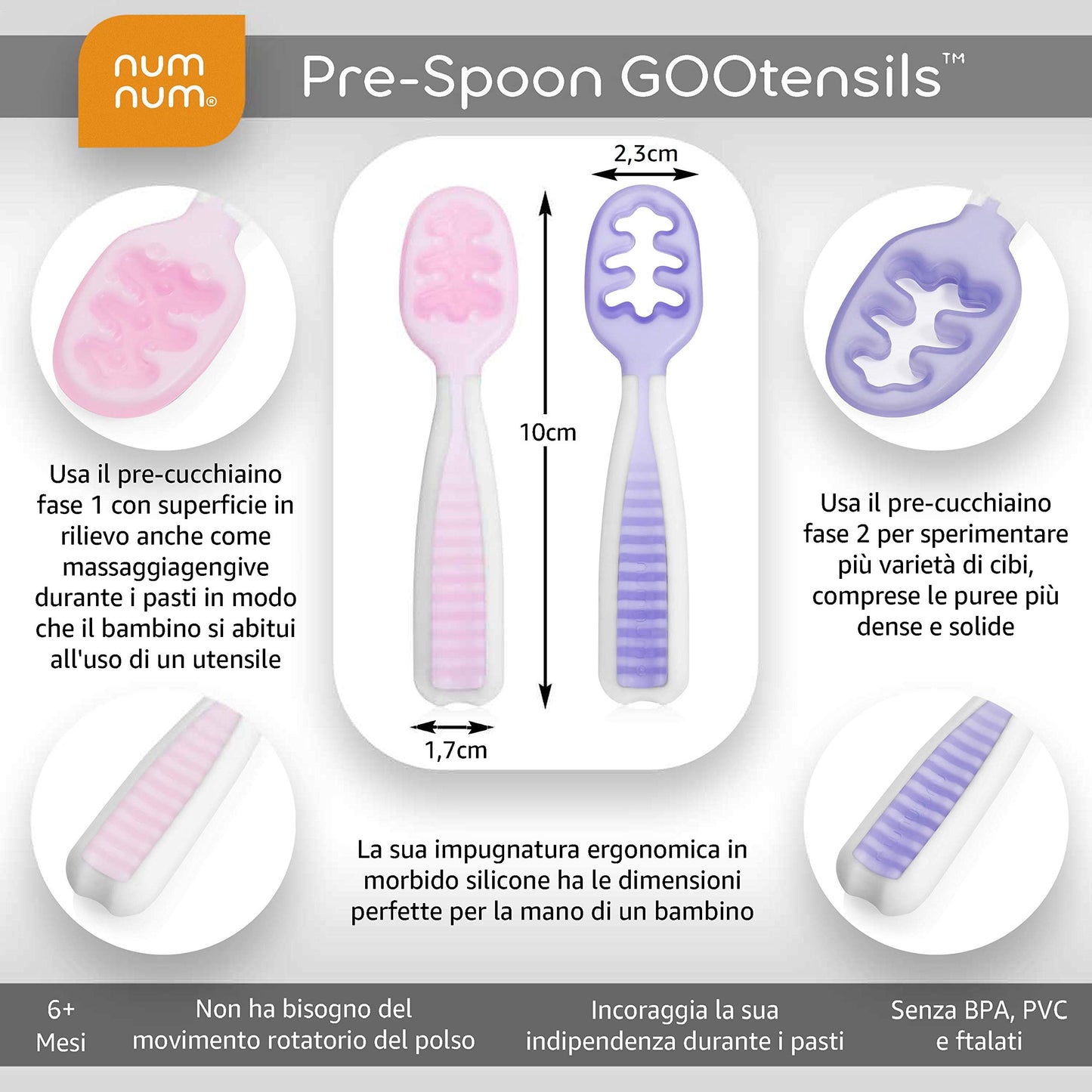 NumNum Baby Spoons Set, Baby Essentials Pre-Spoon GOOtensils for 6+ Months, First Stage Self-Feeding Spoons for Baby Led Weaning (BLW), Silicone Toddler Utensils, BPA-Free, 2 Pack Frosty Lilac/Rosebud
