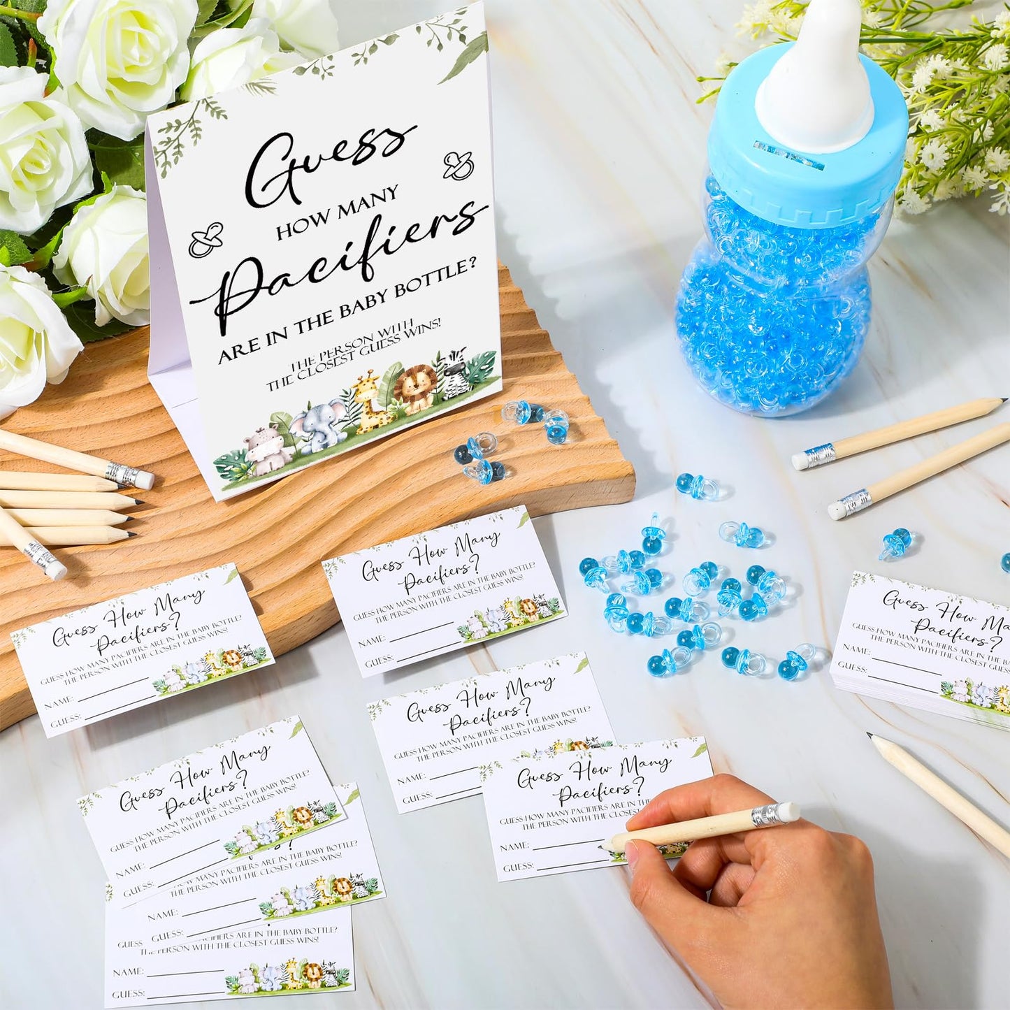 Roowest 512 Pcs Baby Shower Games Guess How Many Pacifiers Sign 100 Small Guessing Games 10 HB Pencils 750ml Milk Bottle 400 Acrylic Pacifiers Decoration for Guest Gender Reveal(Pink,Bear)