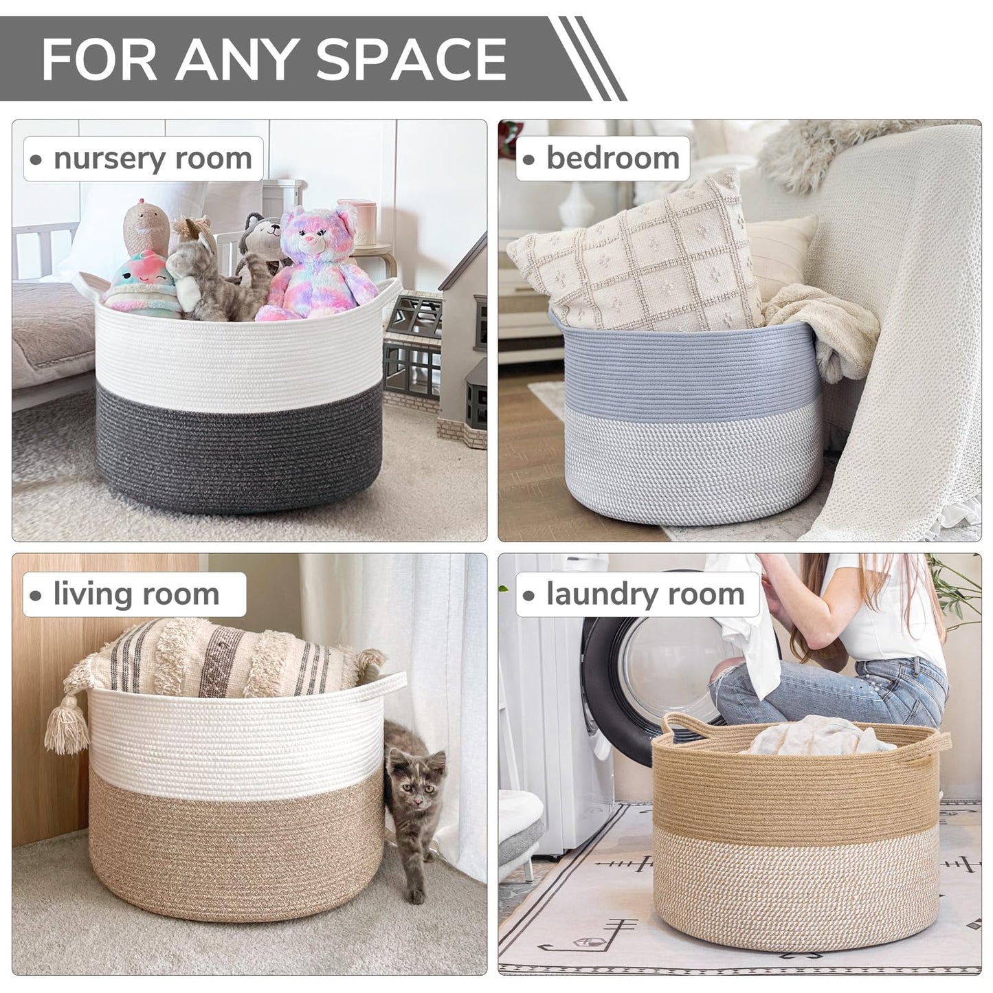 INDRESSME XXXLarge Cotton Rope Basket 21.7" x 21.7" x 13.8" Woven Baby Laundry Blanket Basket Toy Baskets with Handle Storage Comforter Cushions Thread Laundry Hamper