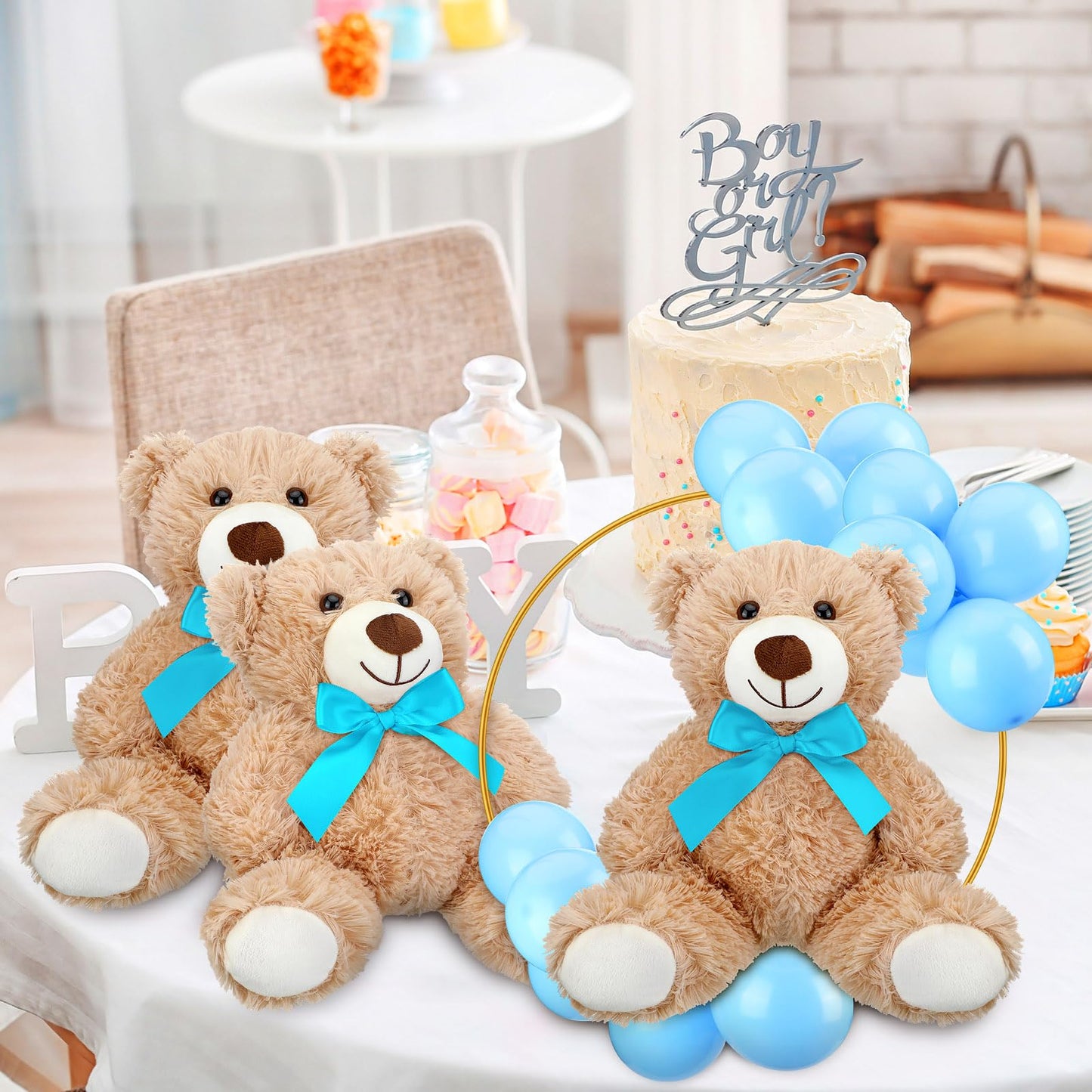 6 Sets Bear Baby Shower Table Centerpieces Bear Stuffed Animals 12 Inch Metal Floral Hoop with Stand Balloon for Wedding Baby Shower Birthday Flowers Table Decorations(Brown)