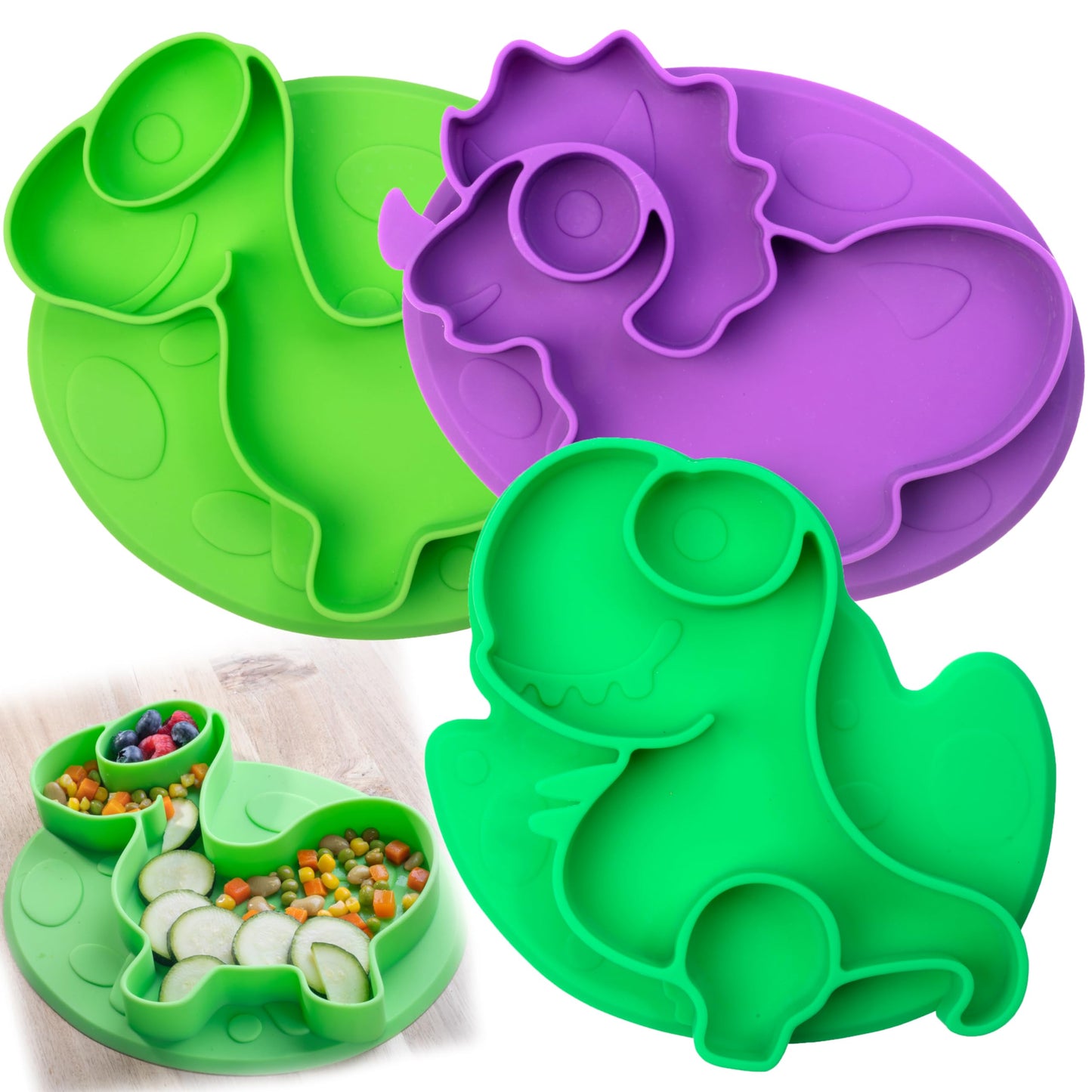 Animal Silicone Compartment Plates- 3 PK Lion, Monkey, Elephant- Large Divided Sections for Easy Grabbing Baby Food Training, Non-Slip Unbreakable Material, Flexible Shapes for Toddlers, Kids-BPA Free