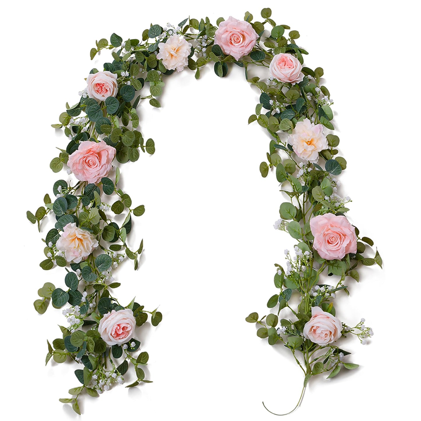 Anna's Whimsy 5.91FT Artificial Eucalyptus Garland with Flowers, Fake Flower Rose Gypsophila, Faux Floral Greenery Garland for Wedding Spring Home Party Craft Art Table Runner Decor