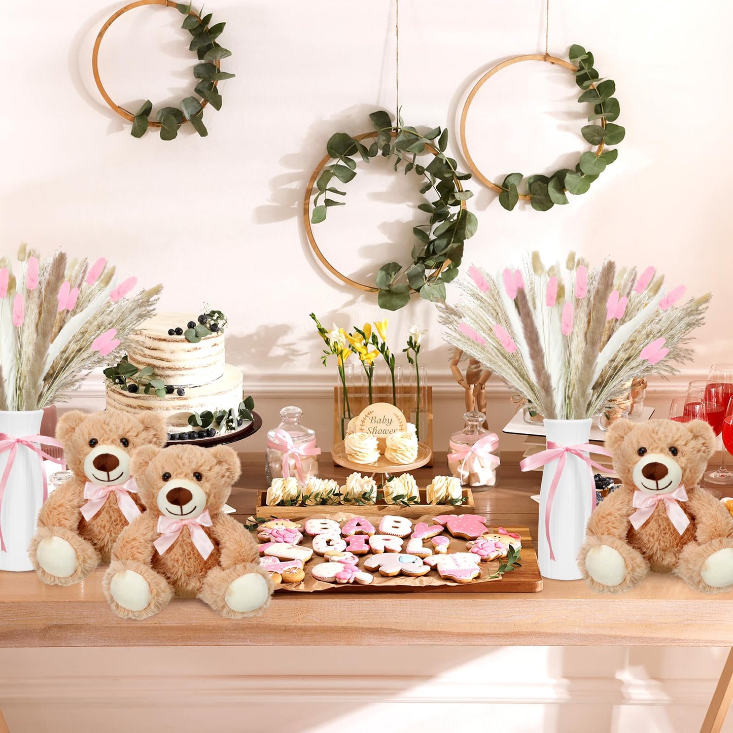 6 Sets 123 Pcs Baby Shower Table Centerpieces Dried Pampas Decor Bear Stuffed Ceramic Look Plastic Vase with Bow for Boho Wedding Bridal Shower Flowers Table Decorations(Brown,Neutral)