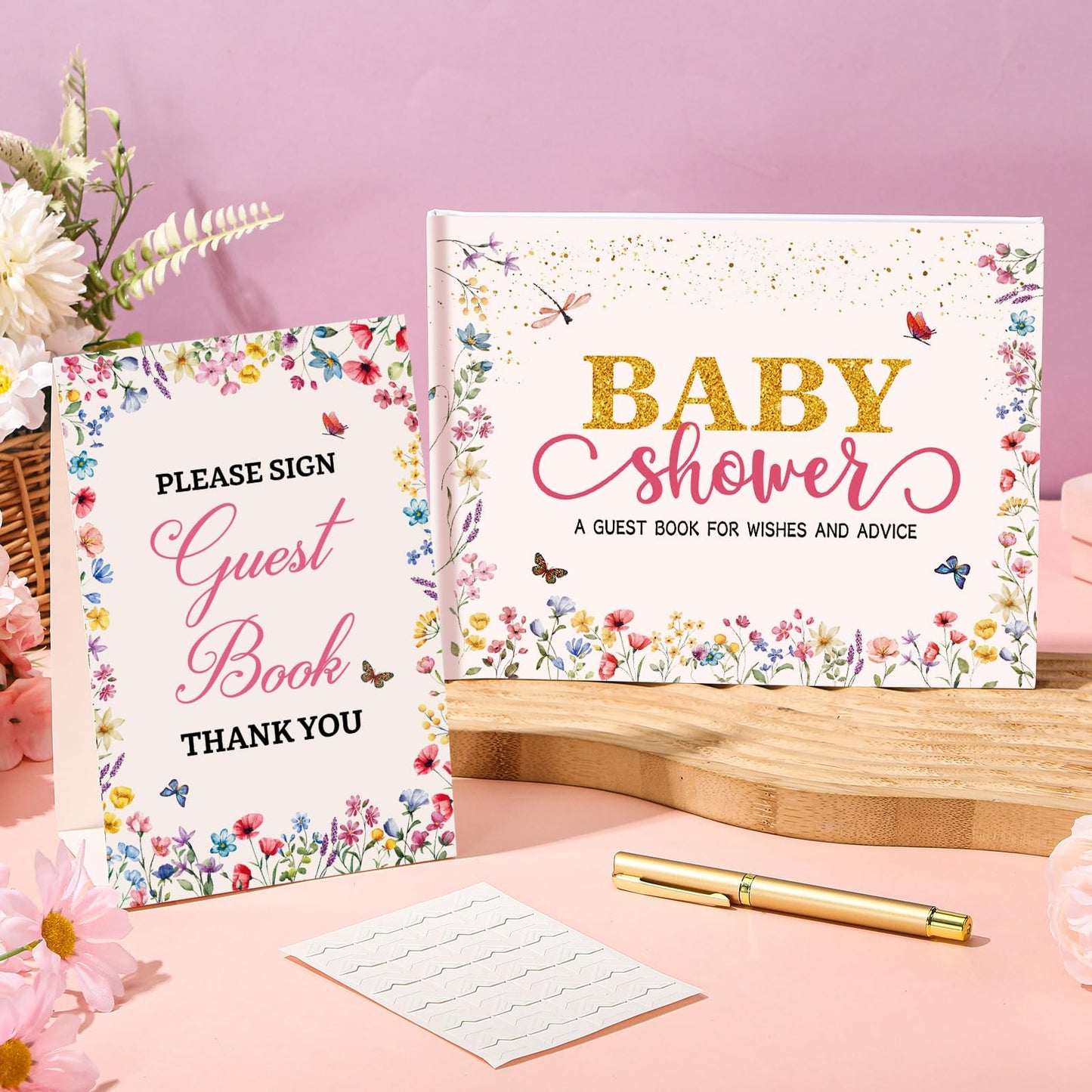 27 Pcs Butterfly Floral Baby Shower Guest Book Set Baby Shower Sign in Guest Floral Book Place Table Cards with Gold Pen Adhesive Photo Corner for Birthday Party
