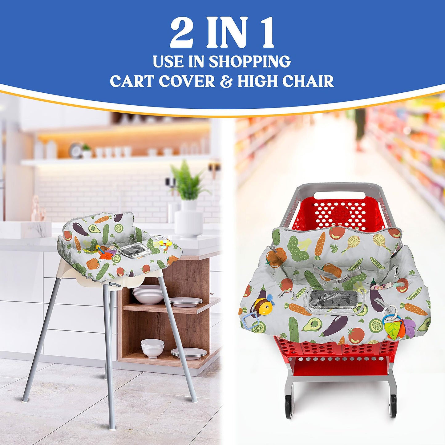 Shopping Cart Cover for Baby PILLANI, High Chair Cover for Restaurant Seat, Grocery Cart Cover for Baby Girl and Boy, Cotton Buggy Covers for Babies, Toddler Shopping Cart Cover