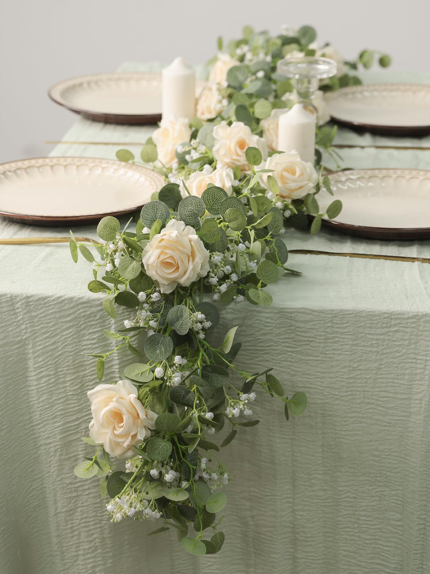 Anna's Whimsy 5.91FT Artificial Eucalyptus Garland with Flowers, Fake Flower Rose Gypsophila, Faux Floral Greenery Garland for Wedding Spring Home Party Craft Art Table Runner Decor