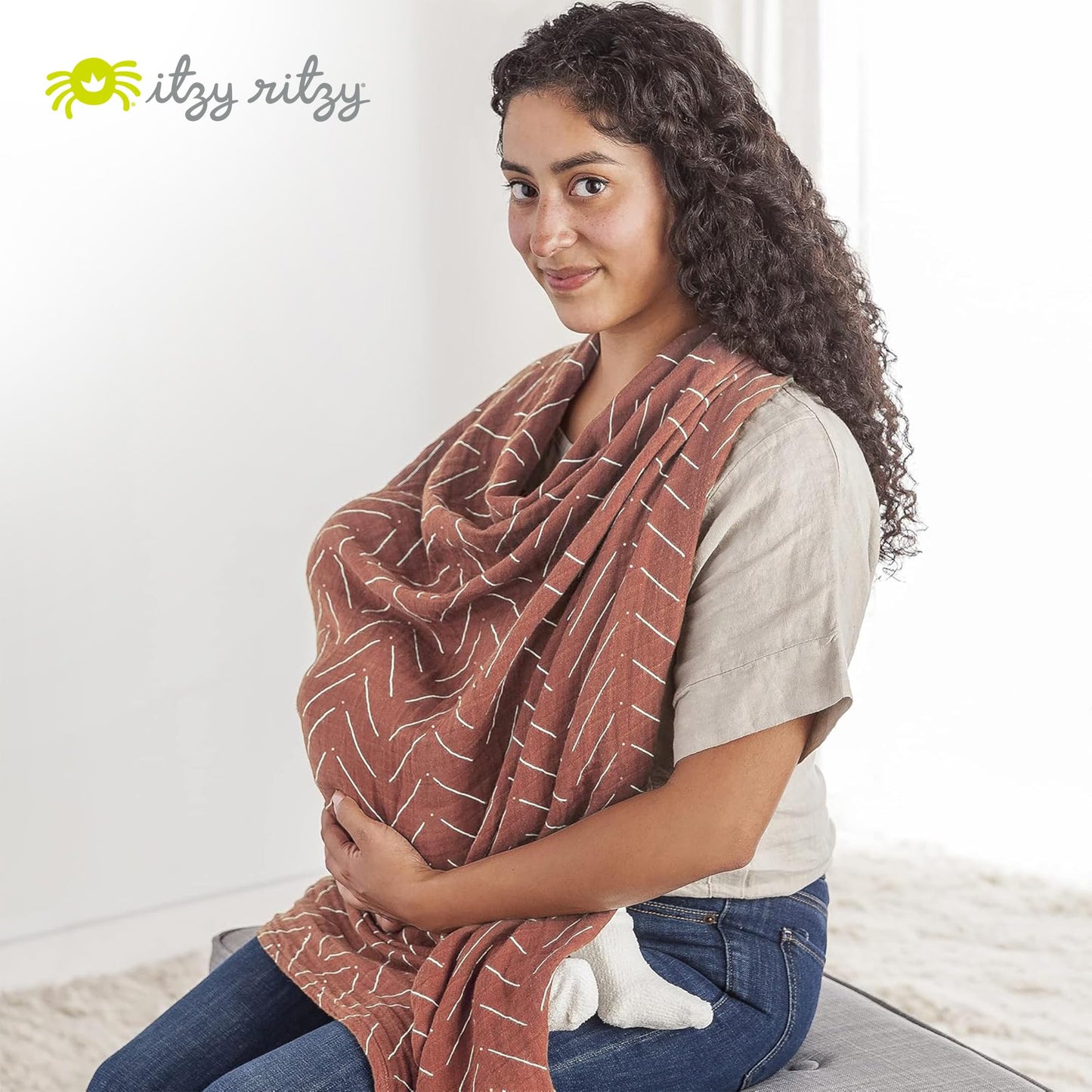 Itzy Ritzy Breastfeeding Boss Multi-Use Cover – A Nursing Cover, Swaddle, Car Seat Cover, Tummy Time Mat & Burp Cloth All in One – Made of Soft Muslin Fabric & Measures 47” x 47” (Taupe Stripe)