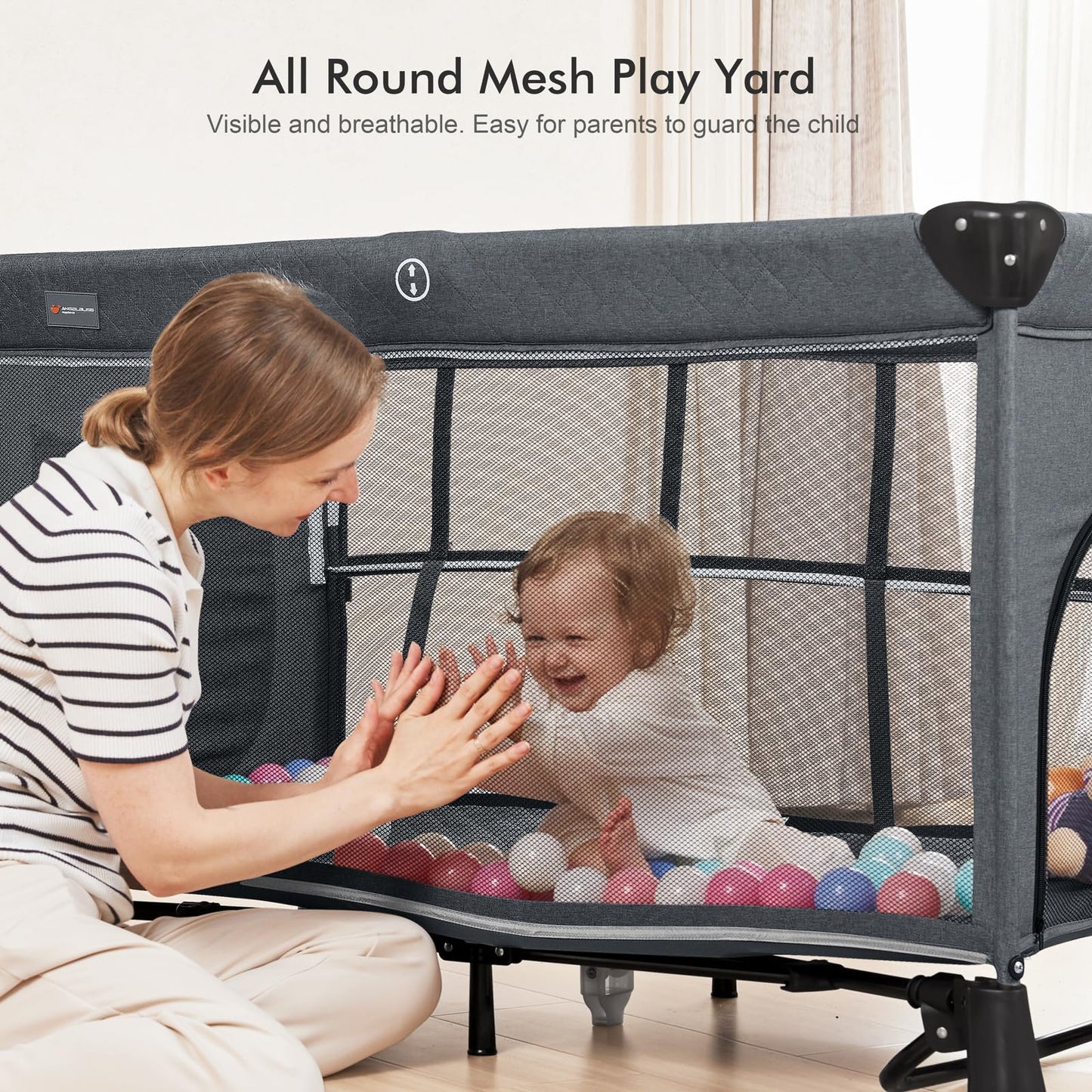 ANGELBLISS 5 in 1 Baby Bassinet, Bedside Crib & Playpen, Pack and Play Bassinet with Diaper Changer and Removable Rocker, Easy Folding Portable Crib with Mobile, Sheet & Mattress (Grey)