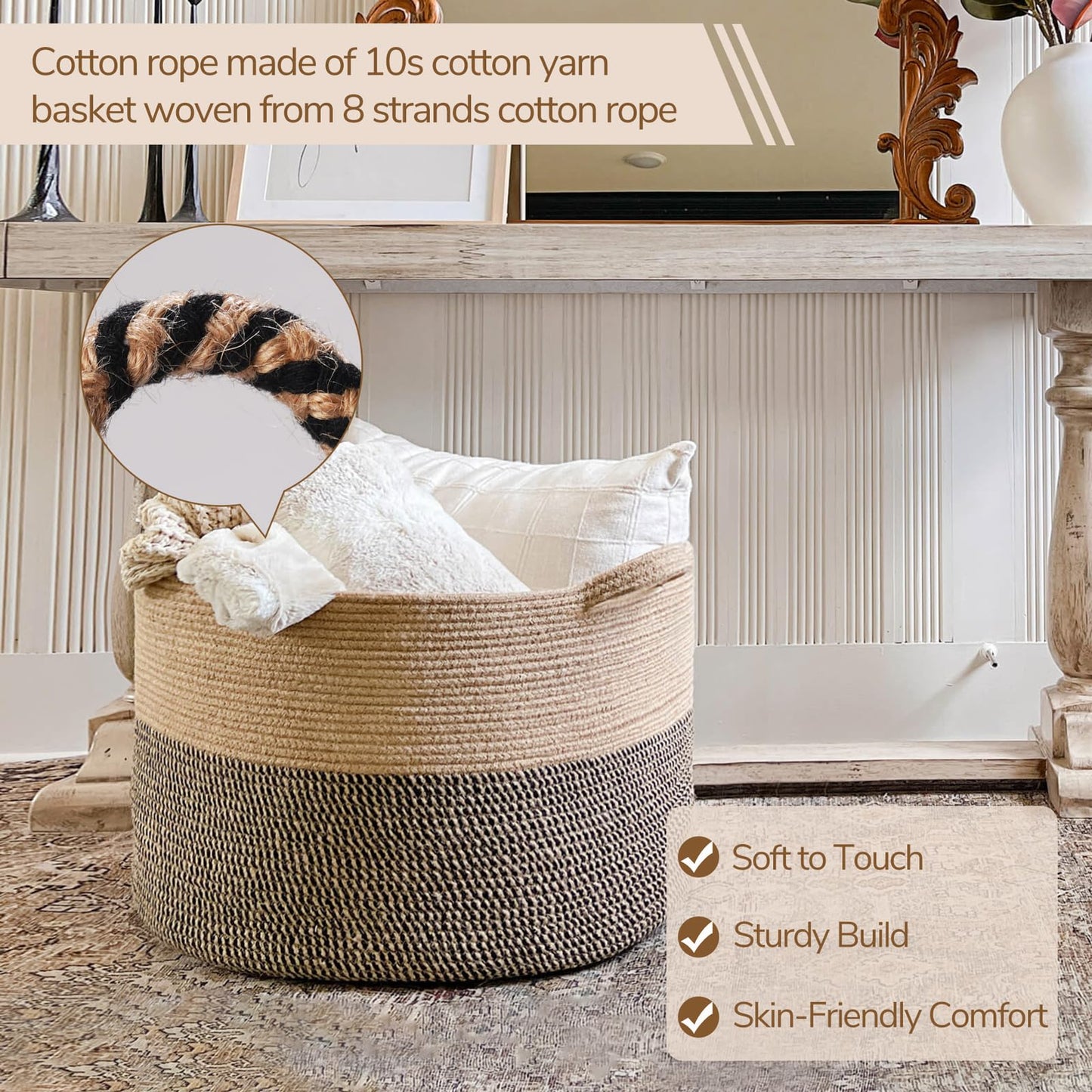 INDRESSME XXXLarge Cotton Rope Basket 21.7" x 21.7" x 13.8" Woven Baby Laundry Blanket Basket Toy Baskets with Handle Storage Comforter Cushions Thread Laundry Hamper