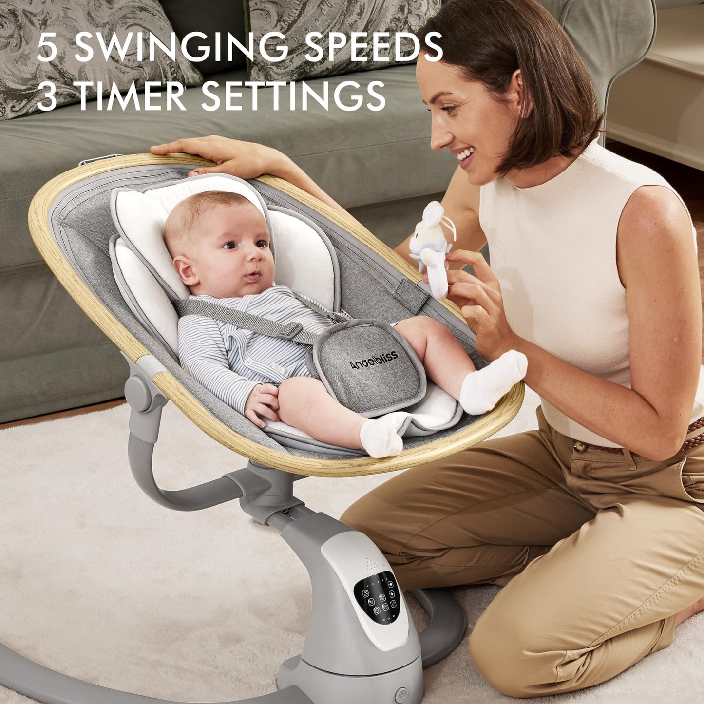 Angelbliss Baby Swing with Cry Detection, Side-to-Side Electric Swing with 5 Speeds, 180° Rotation, Indoor for Infants and Toddlers (Black)
