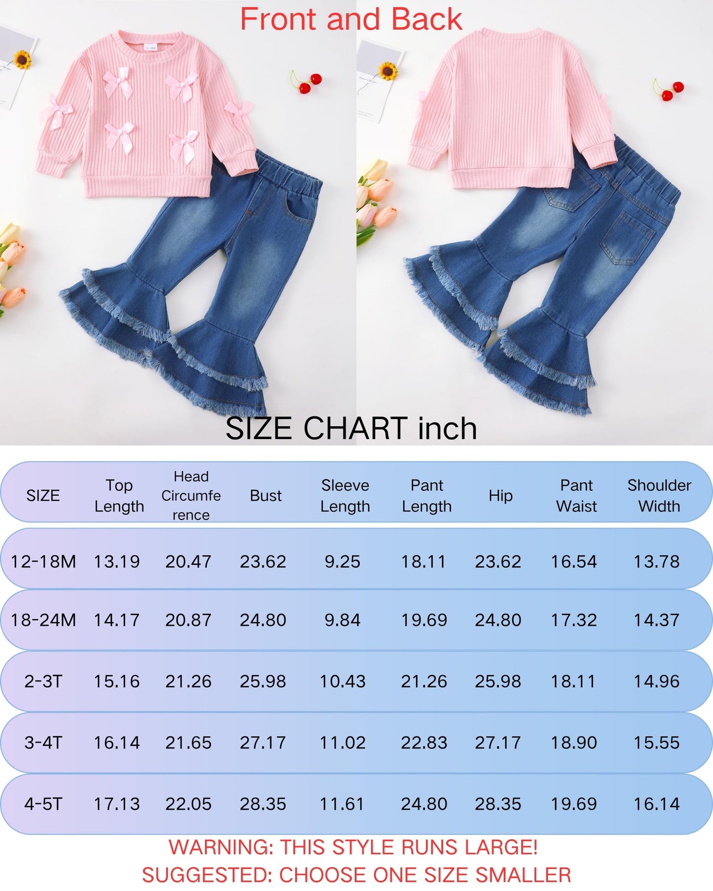 Renotemy Toddler Baby Girl Clothes Fall Winter Outfit, Bow Sweatshirt Denim Bell Bottom Jeans Outfits for 1-5 Year Girls