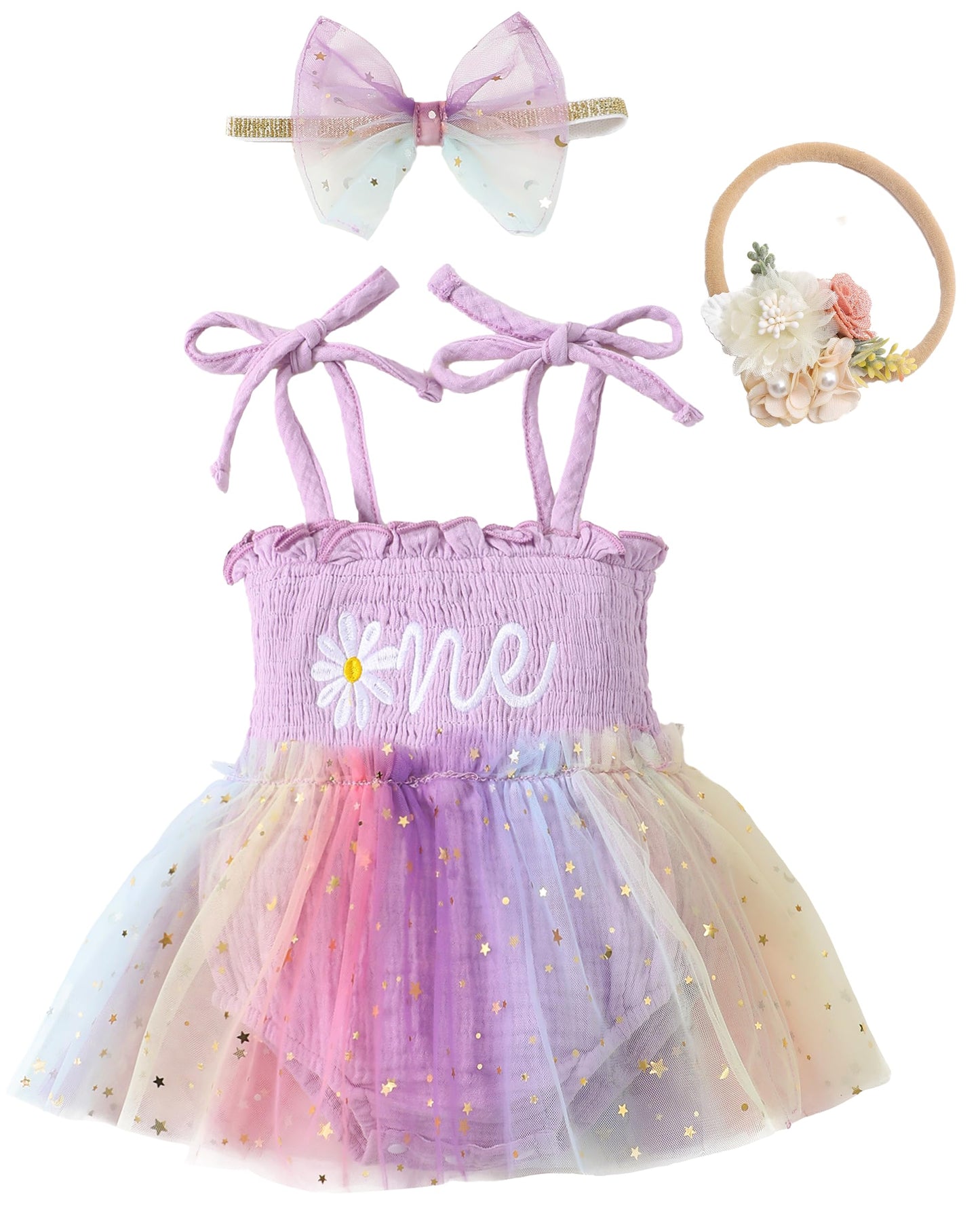 Renotemy Baby Girl Tulle Dress Sleeveless Romper Smocked Halter 1st Birthday Clothes Cake Smash Outfits with Flower Headband
