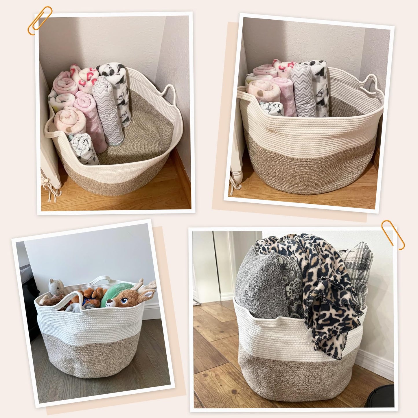 INDRESSME XXXLarge Cotton Rope Basket 21.7" x 21.7" x 13.8" Woven Baby Laundry Blanket Basket Toy Baskets with Handle Storage Comforter Cushions Thread Laundry Hamper