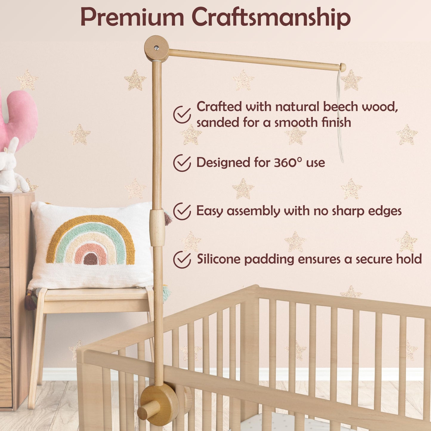 Baby Mobile for Crib - Handmade Modern Boho Baby Mobiles for Bassinet Felt Nursery Mobile Gender Neutral - Gold Moon and Stars - Girl Cribs Decorations