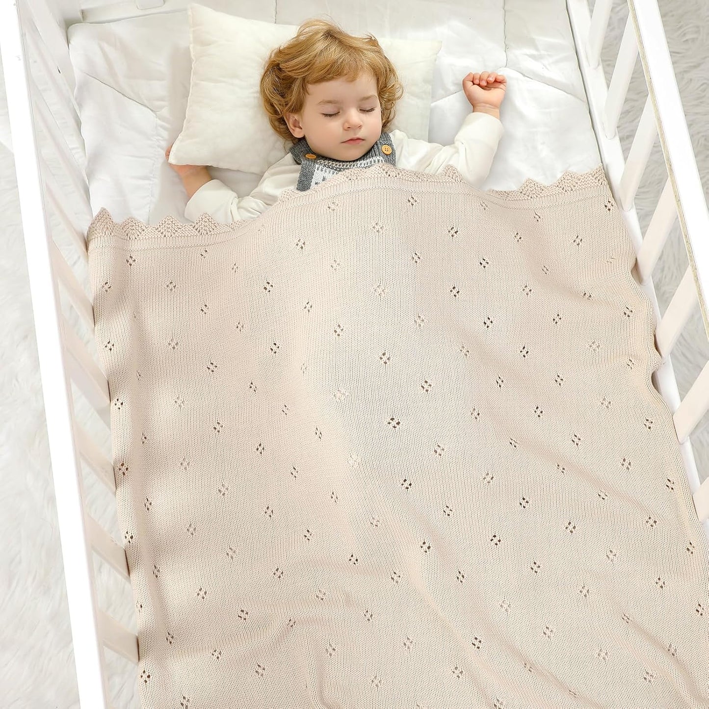 mimixiong Cotton Baby Blanket Knitted Crochet Receiving Crib Nursery Swaddling Blankets for Newborn Baby Boy Girl Off White 30x40 Inch