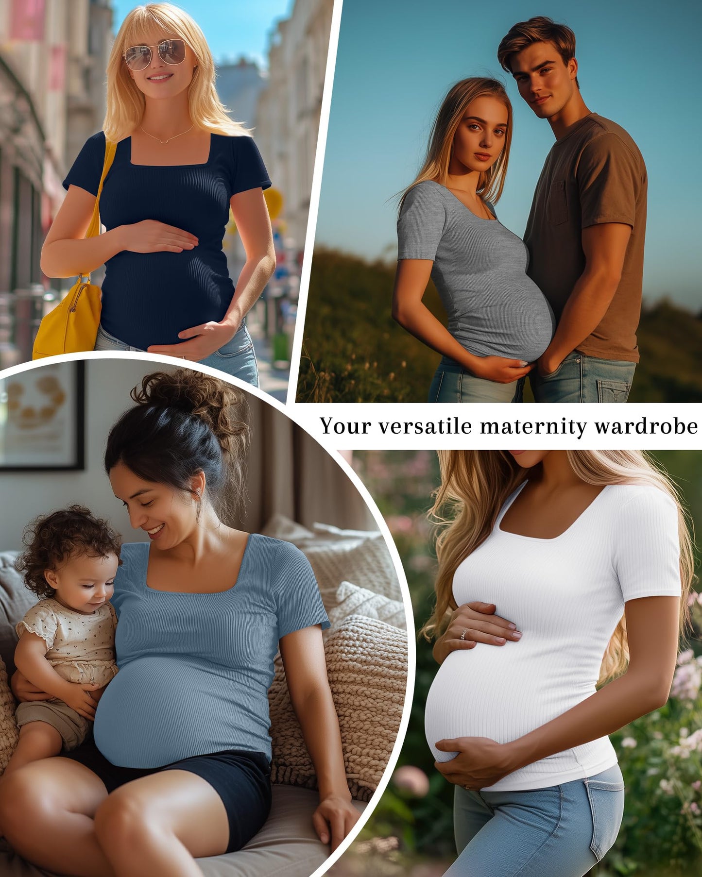 Huukeay 4 Pack Women's Maternity Shirts Cotton Ribbed Short Sleeve Square Neck Pregnancy Tops Side Ruched Summer Tee