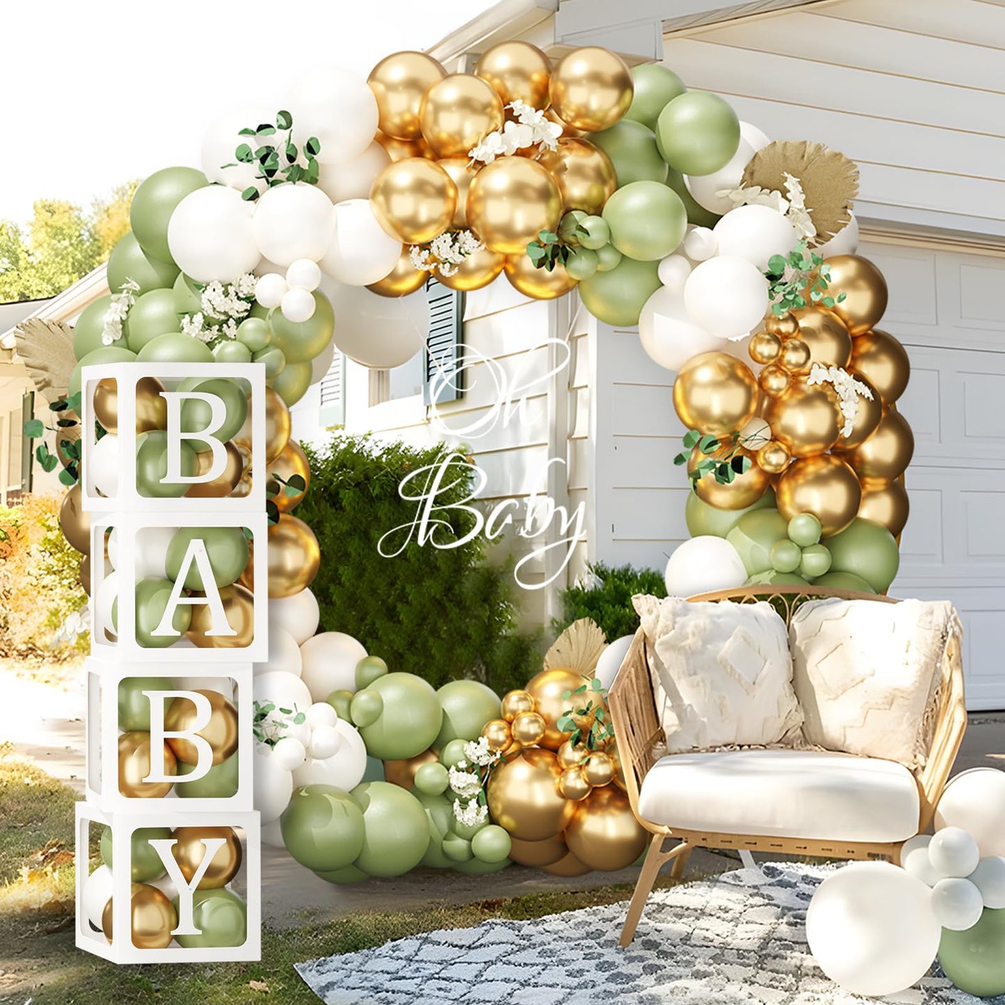 Baby in Bloom Baby Shower Decorations - 116pcs Pink and Sage Green Balloon Arch Kit, BABY in Bloom Backdrop and Baby Boxes with Letters for Pink Floral Baby Shower Decorations for Girl
