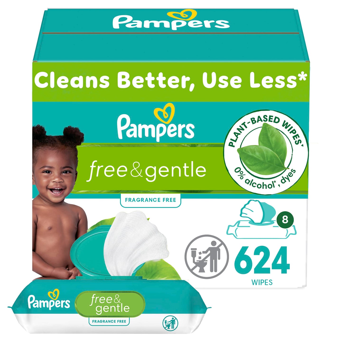 Pampers Baby Wipes, Free & Gentle, Hypoallergenic and Unscented Wipe, 100% Plant Based, Plastic-Free for Babies, 936 Total (12 Flip-Top Packs)