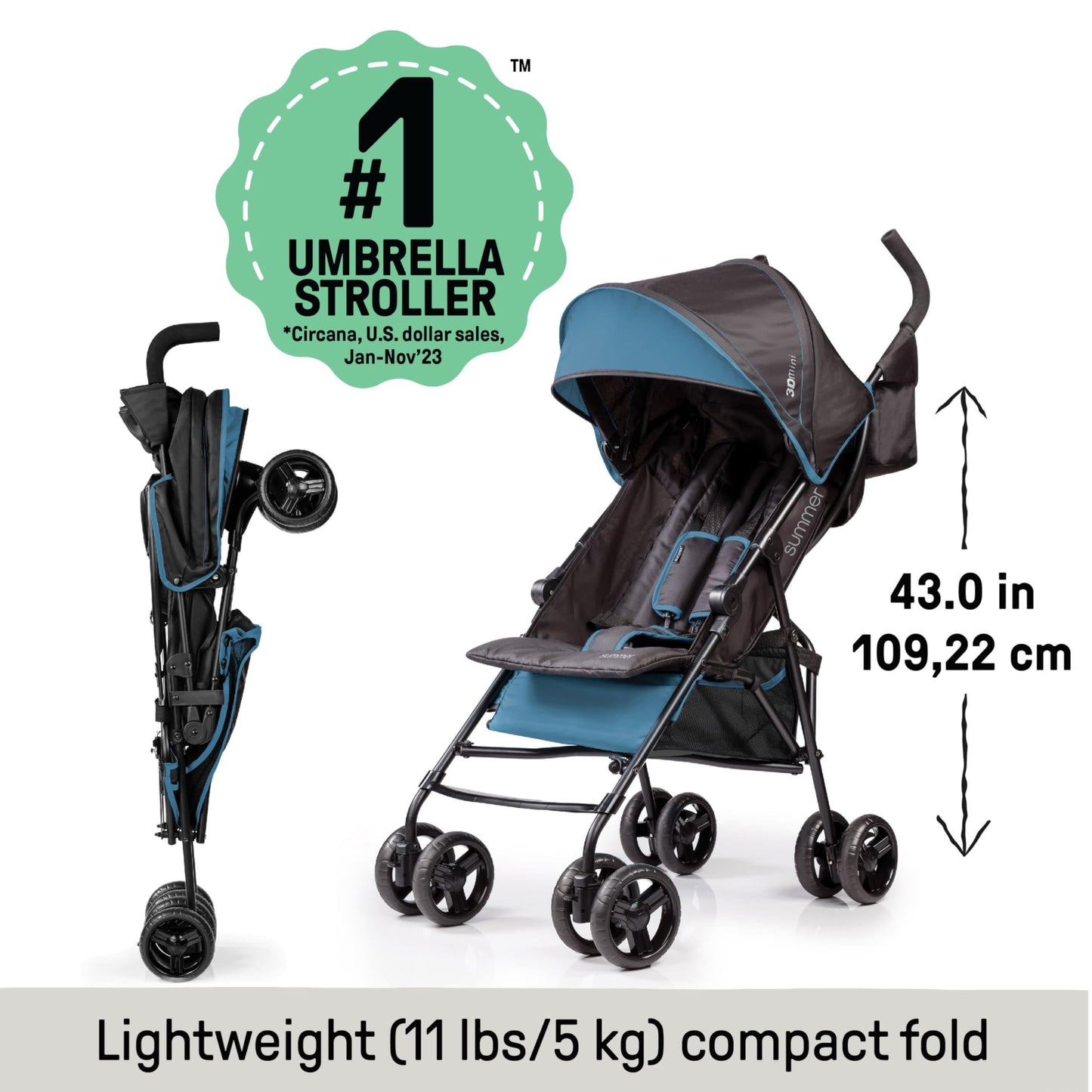 Summer by Ingenuity 3D Mini Convenience Stroller – Lightweight Stroller with Compact Fold, Multi-Position Recline, Canopy with Pop Out Sun Visor and More – Umbrella Stroller for Travel, Pink