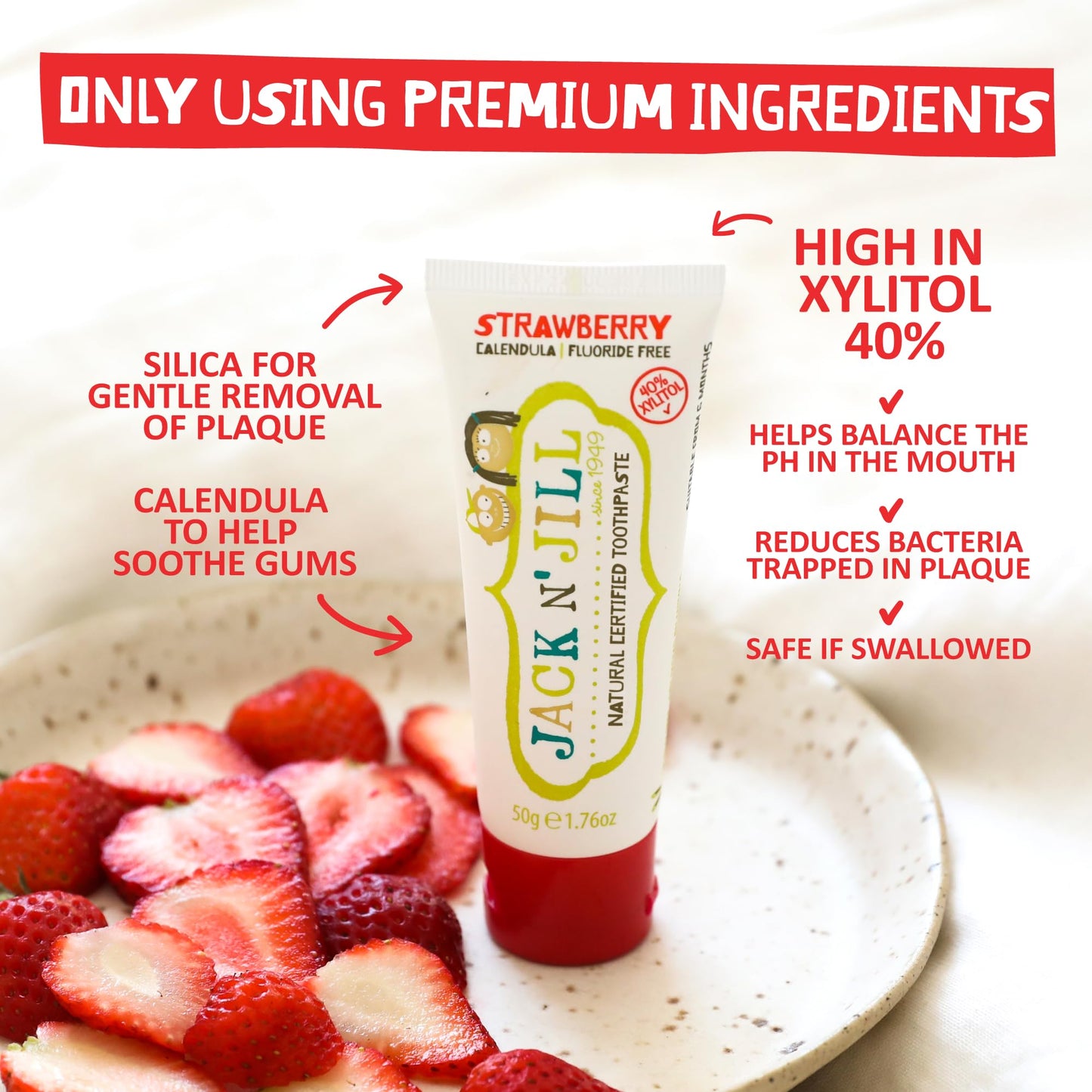 Jack N' Jill Natural Toothpaste for Baby and Infants - Fluoride Free Training Toothpaste, 40% Xylitol, BPA Free - Strawberry, 1.76 oz (Pack of 1)