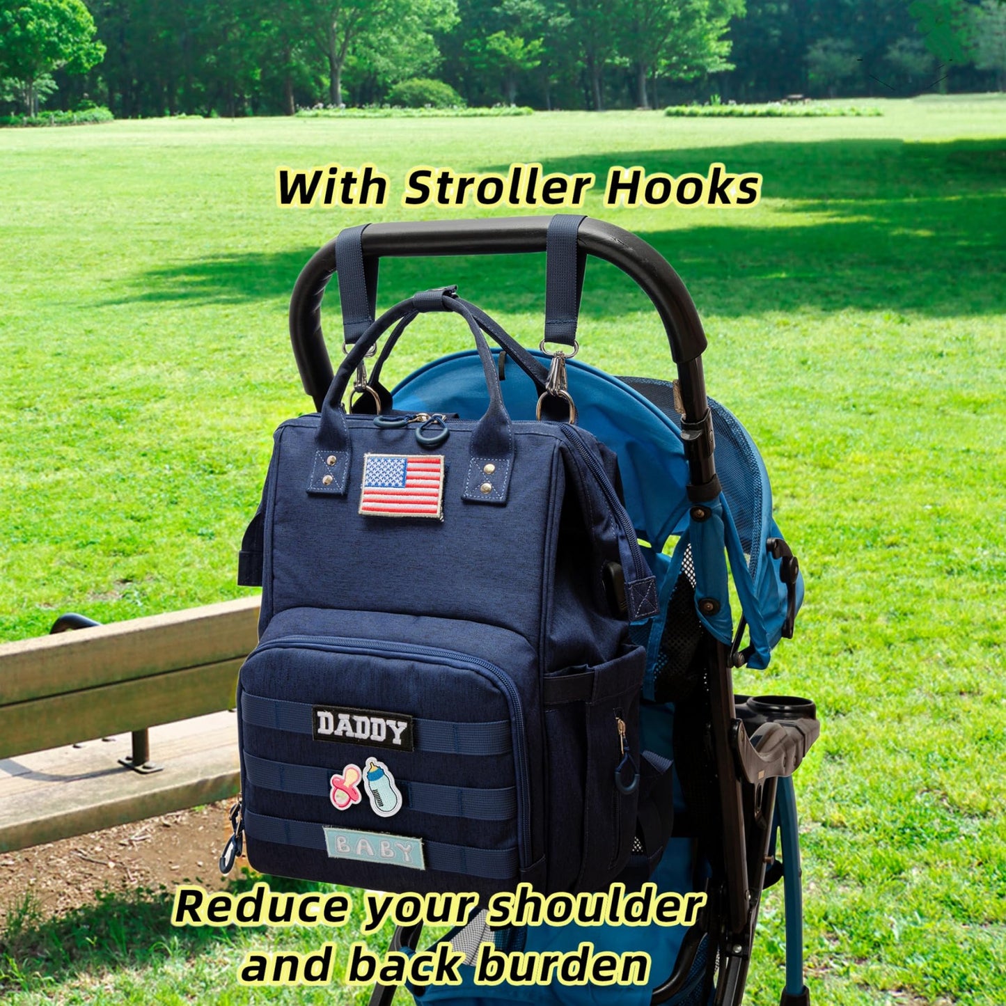 Diaper Bag Backpack for Dad and Mom with USB Charging Port Stroller Straps and Insulated Pocket,army military Travel Nappy Backpack for Daddy/Mommy (Black)