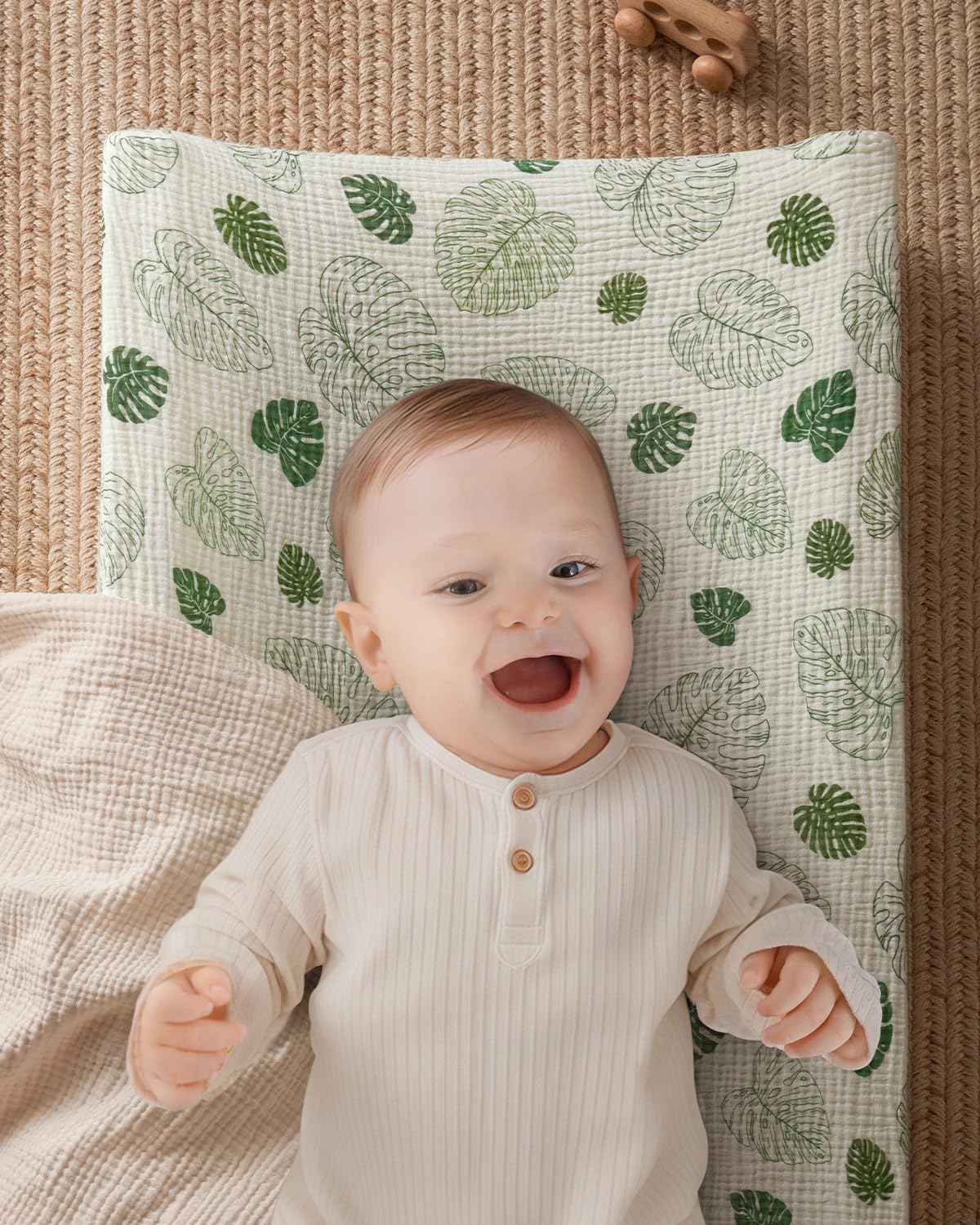 Blissful Diary Muslin Baby Changing Pad with Waterproof Lining Foam, Diaper Changing Table Pad with Cover for Dressers (Monstera, Avocado)