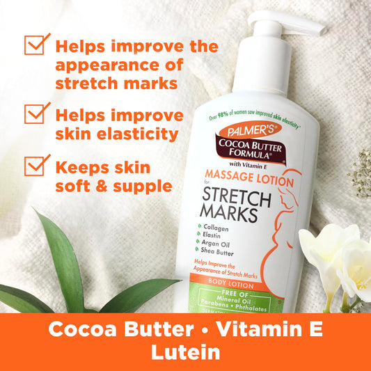 Palmer's Cocoa Butter Formula Massage Lotion For Stretch Marks, Pregnancy Skin Care, Belly Cream with Collagen, Elastin, Argan OIl and Shea Butter, 8.5 Ounces