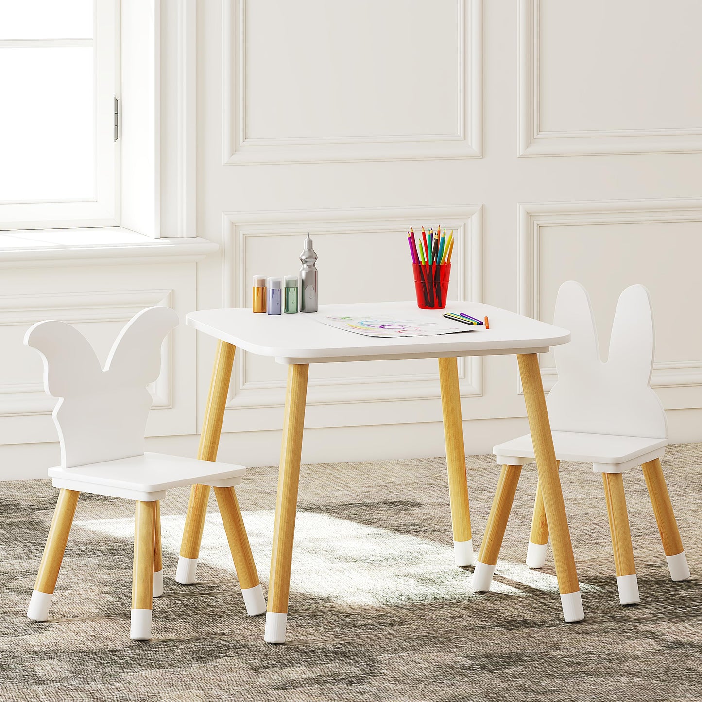 UTEX Kids Wood Table and Chair Set, Kids Play Table with 2 Chairs,3 Pieces Kids Round Table for Toddlers, Girls, Boys,White