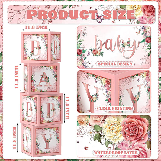Floral Baby Shower Box Birthday Party Decoration Pink Balloon Blocks First Birthday Centerpiece Decor for Girls Rose Gold Gender Reveal Party Supplies…