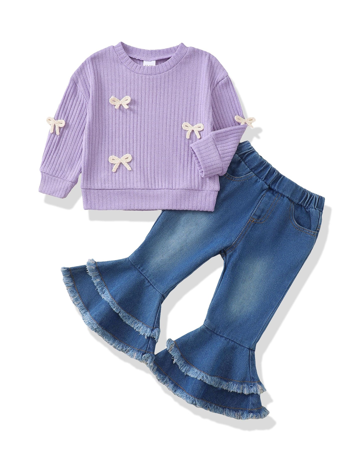 Renotemy Toddler Baby Girl Clothes Fall Winter Outfit, Bow Sweatshirt Denim Bell Bottom Jeans Outfits for 1-5 Year Girls